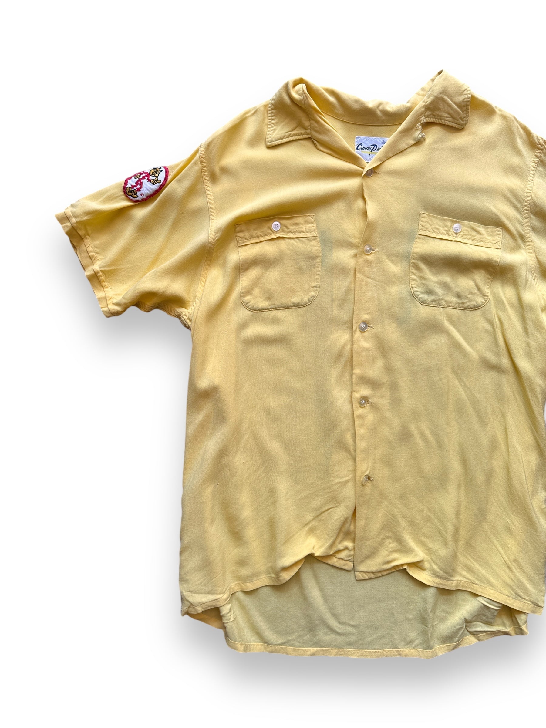 Right Front View of Vintage Yellow Rayon Rainbow Dam Chainstitch Bowling Shirt SZ L