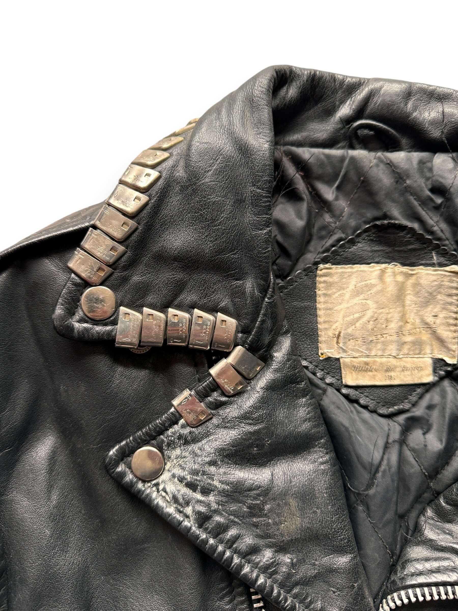 Right Collar View of Vintage Sisters of Mercy Studded Leather Jacket SZ M