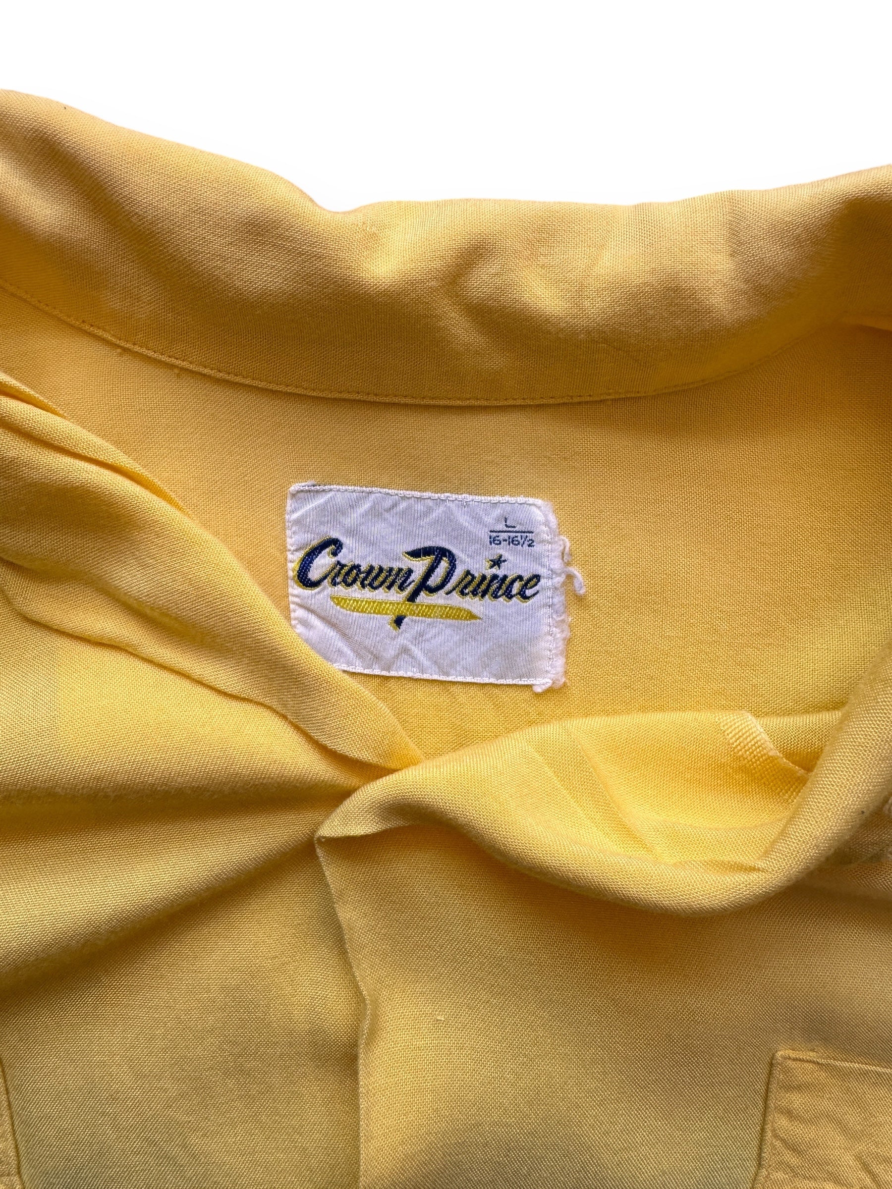 Tag View of Vintage Yellow Rayon Rainbow Dam Chainstitch Bowling Shirt SZ L