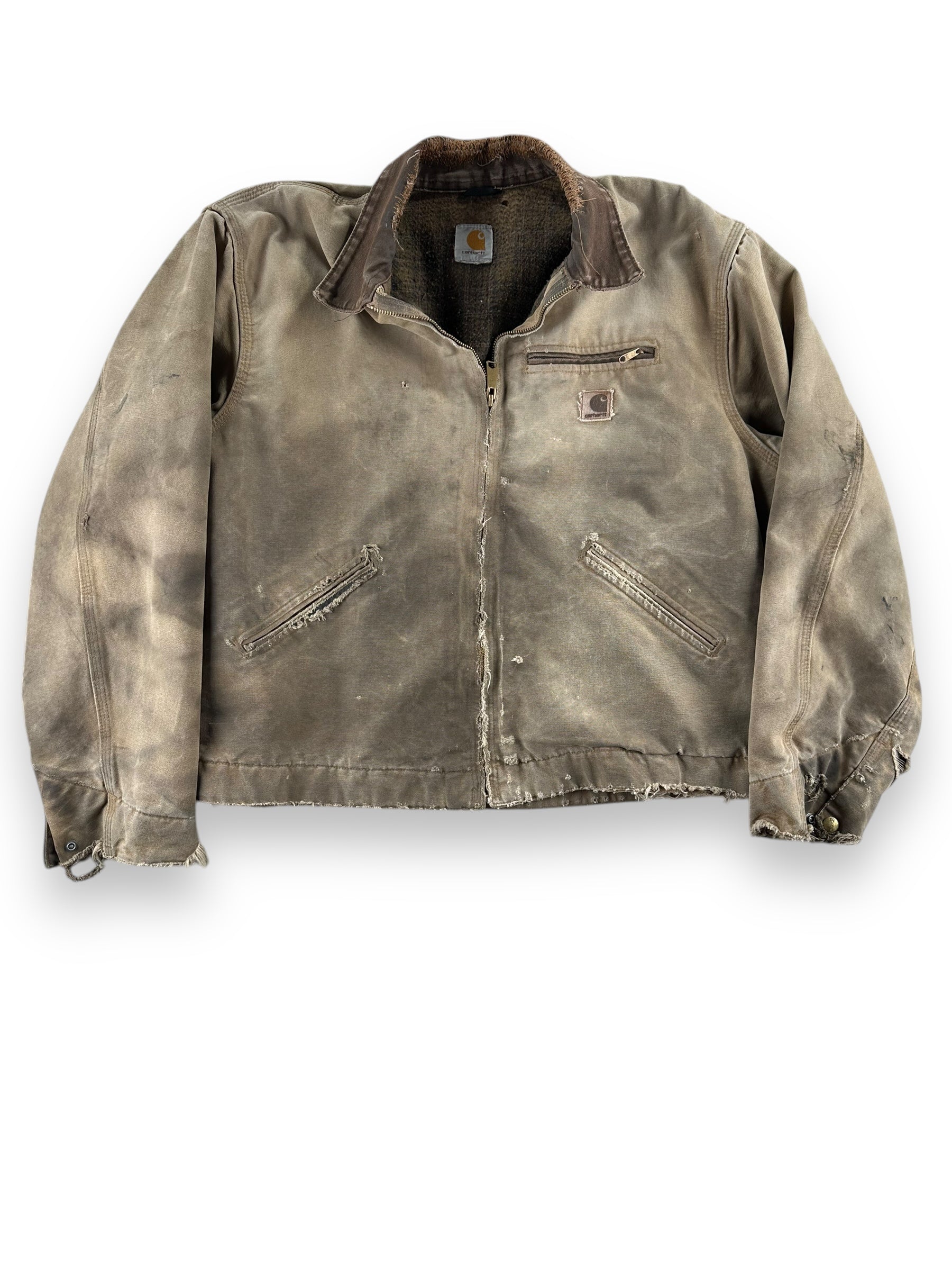 Front View of Distressed Repaired Carhartt Detroit Jacket SZ XL