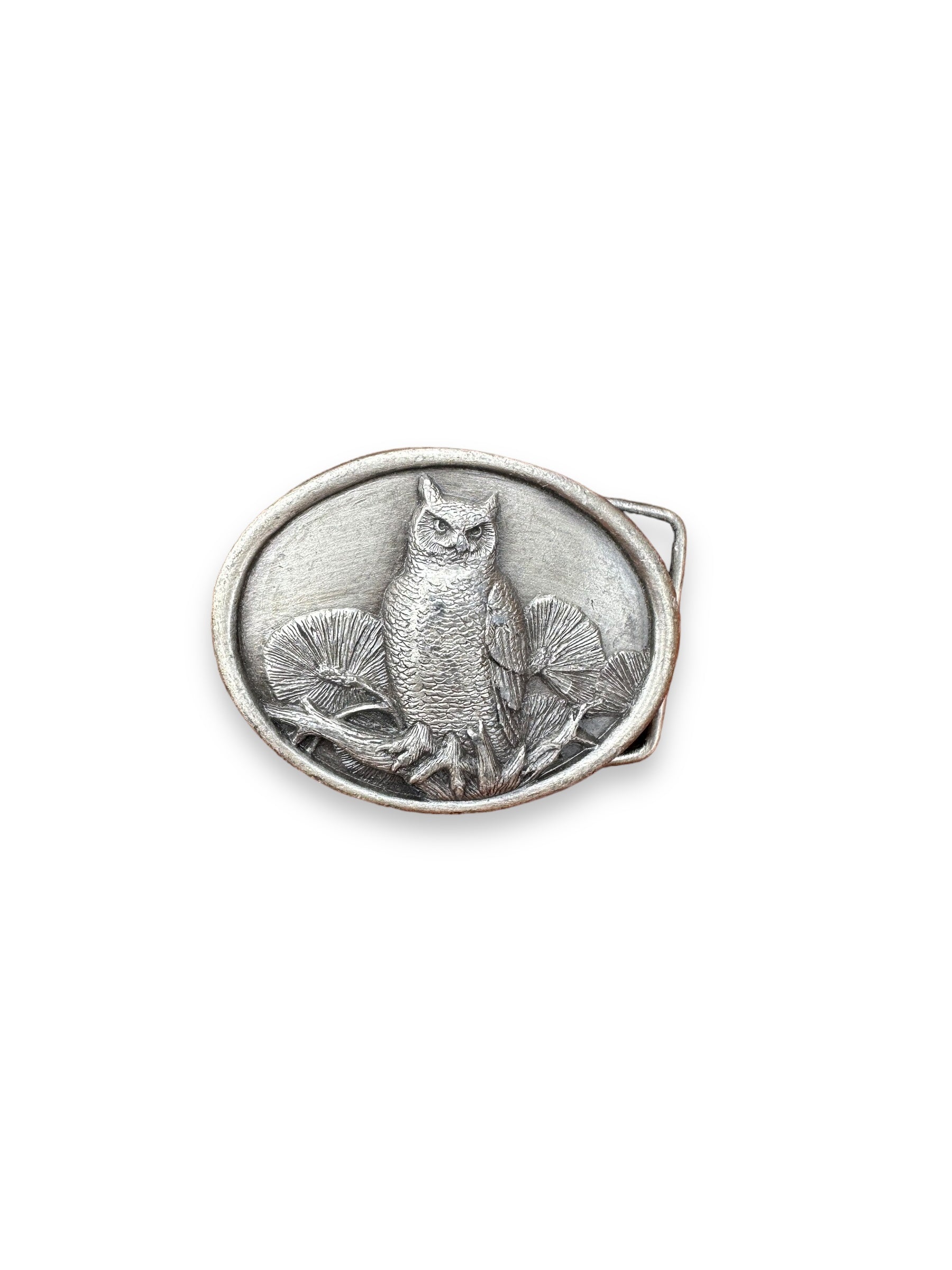 Front View of Vintage 1983 Siskiyou Owl Brass Belt Buckle