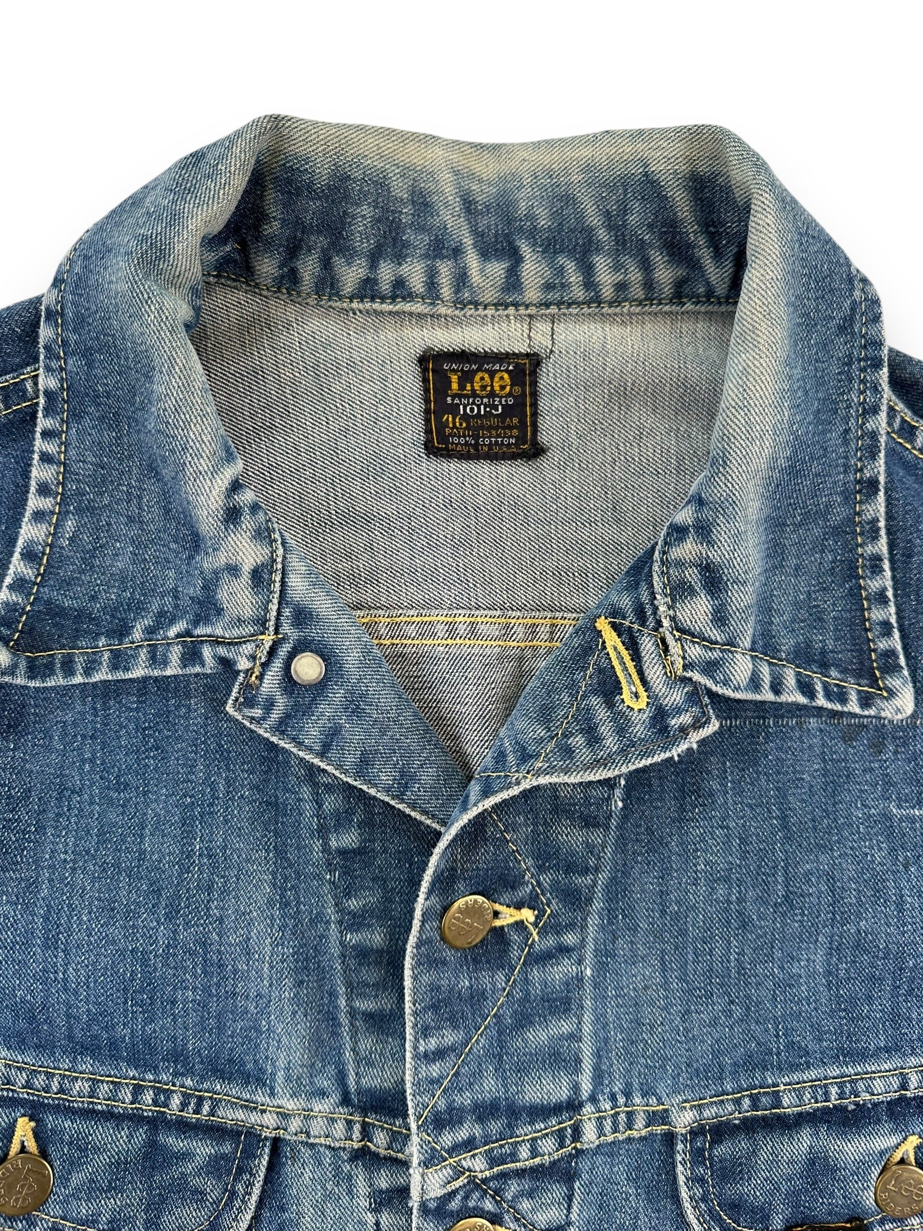 Collar and Tag View of Vintage Lee 101-J Denim Jacket SZ 46