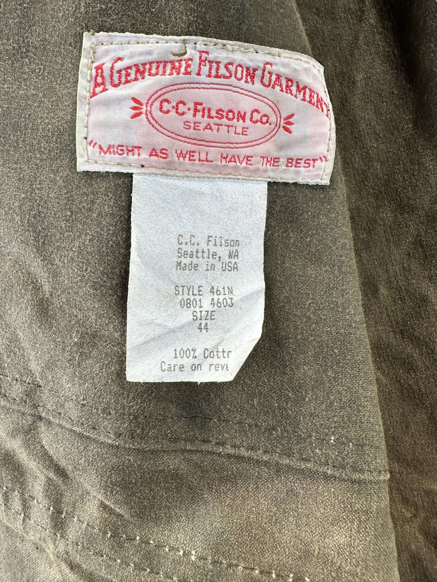 Tag View of Vintage Filson Shelter Cloth Packer SZ 44