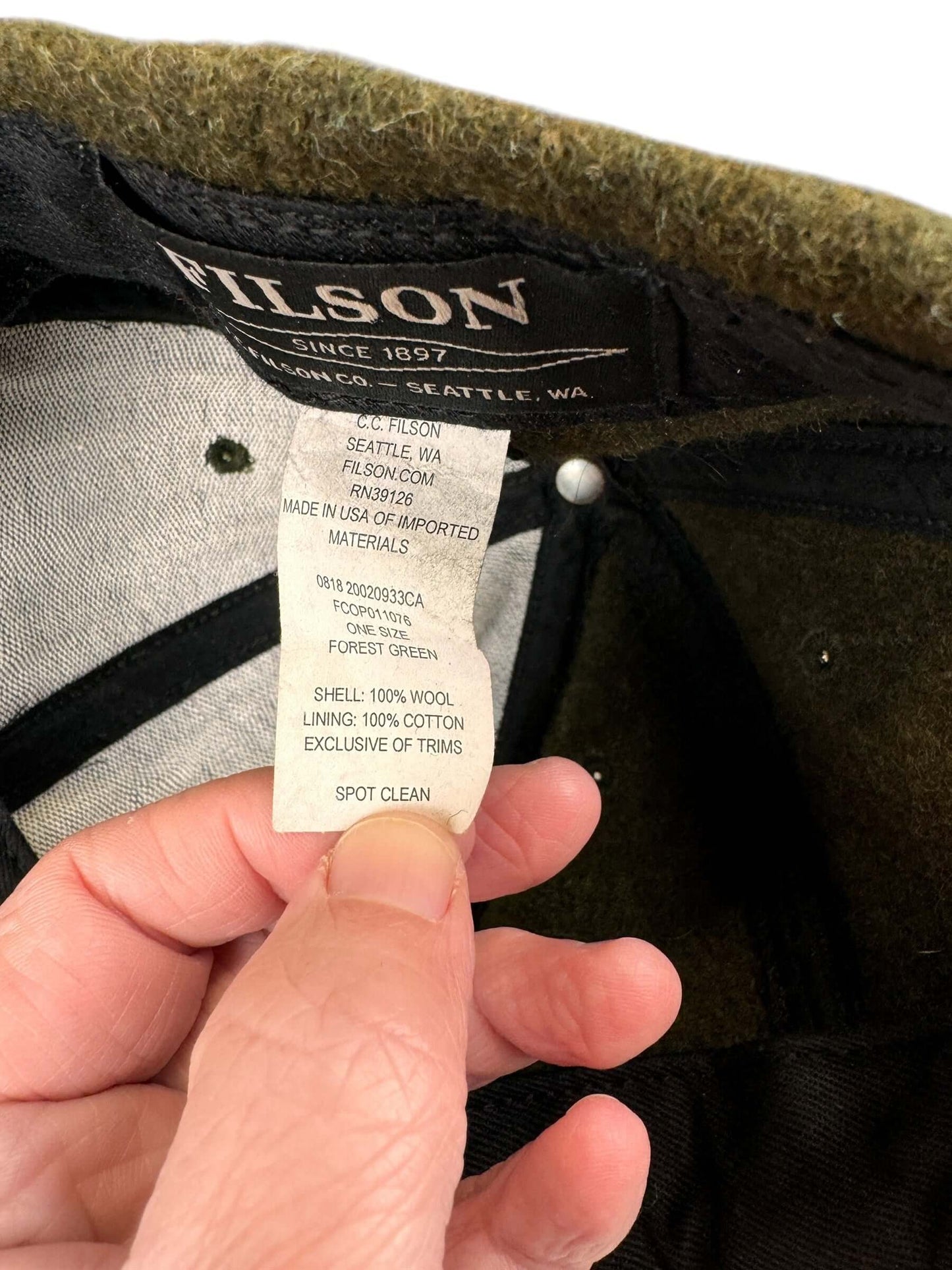 Tag View of Filson Green Wool Logger Cap