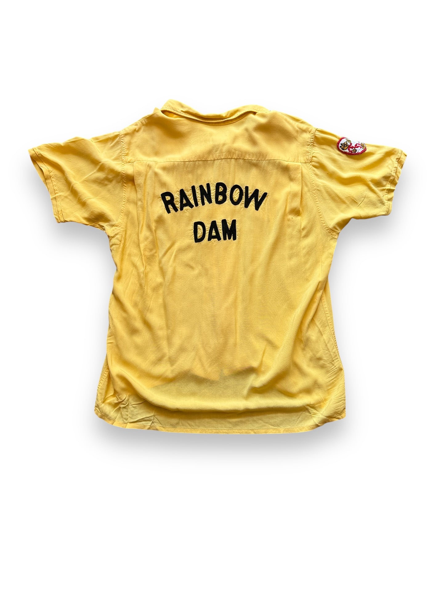 Rear View of Vintage Yellow Rayon Rainbow Dam Chainstitch Bowling Shirt SZ L