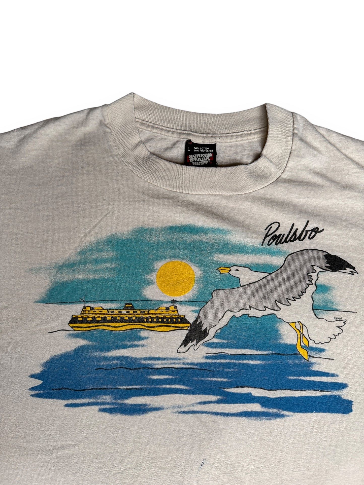 Graphic and Tag View of Vintage Poulsbo Seagull Tee SZ L