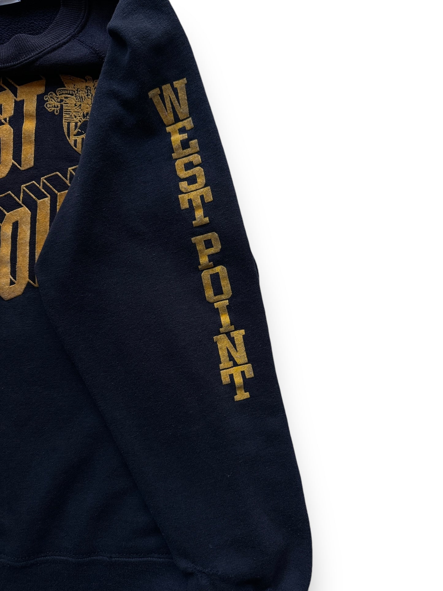 West Point Spellout on Left Arm on Vintage Black West Point Flocked Crewneck Sweatshirt SZ L