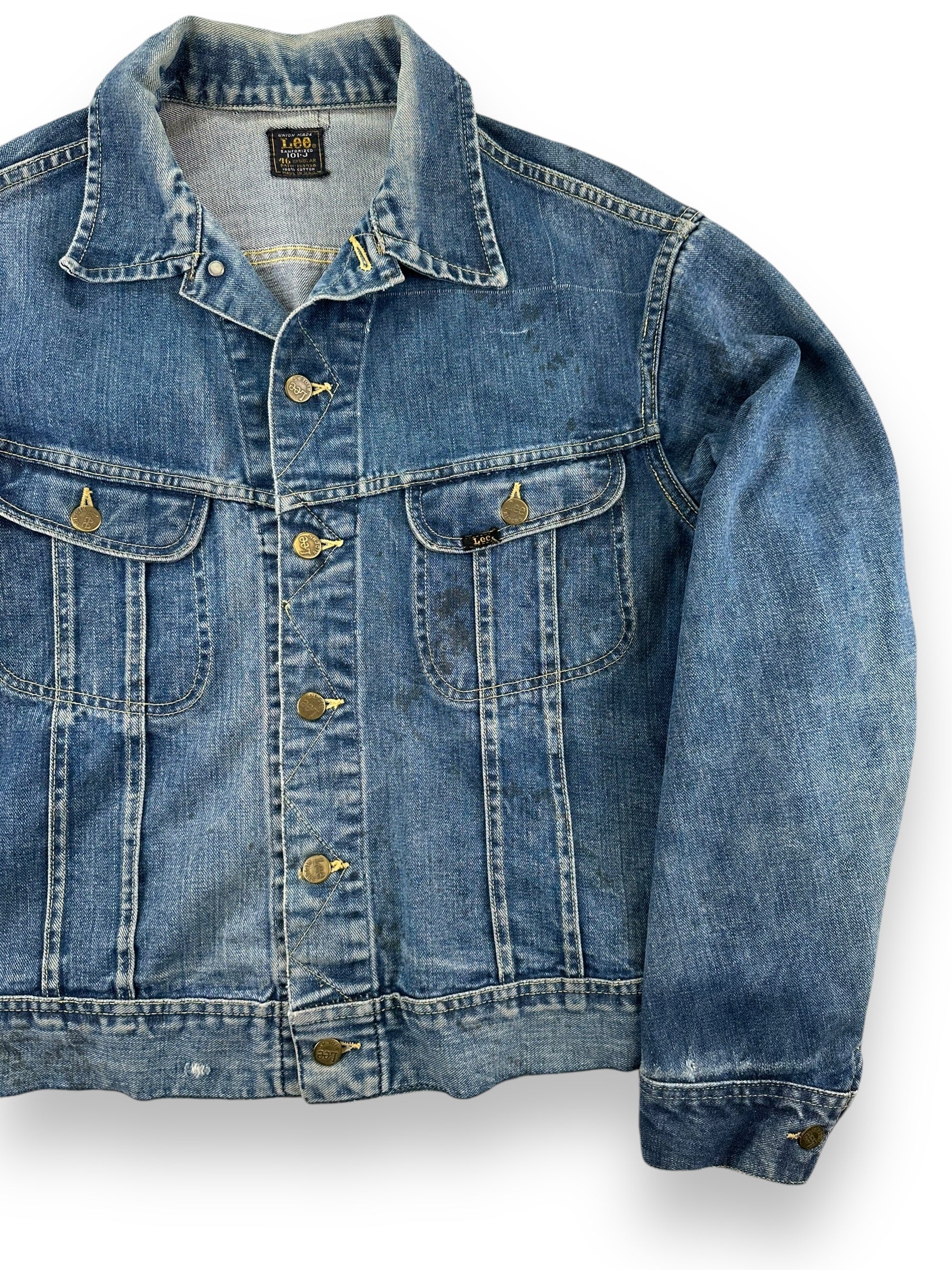 Front Left Side View of Vintage Lee 101-J Denim Jacket SZ 46