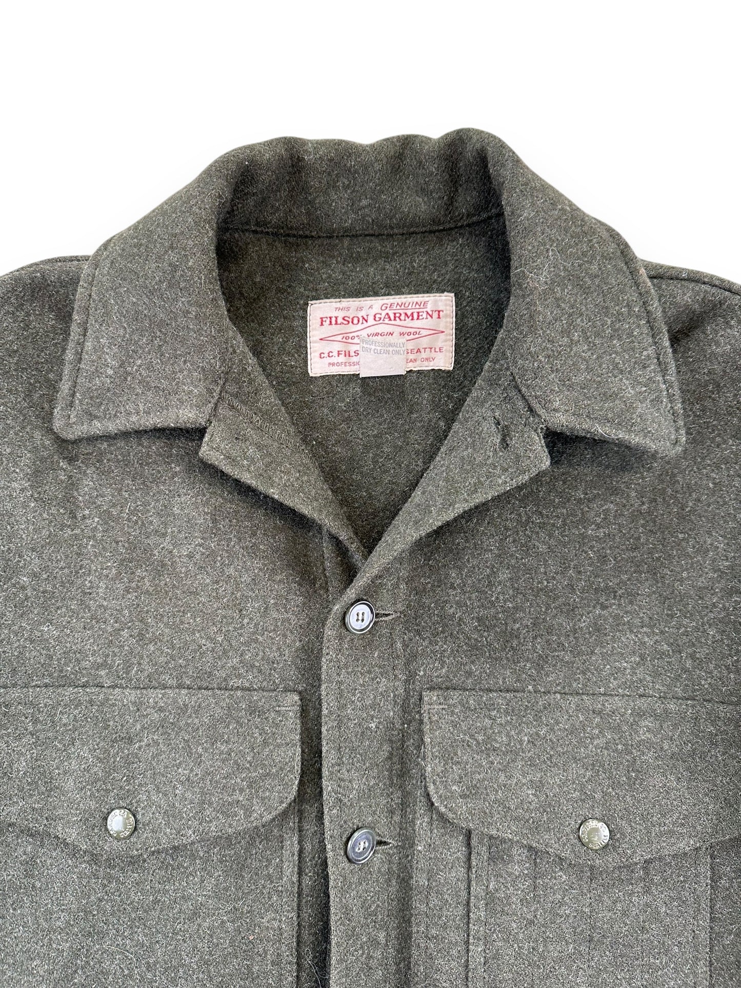 Collar View of Vintage Filson Forest Green Mackinaw Cruiser SZ 42