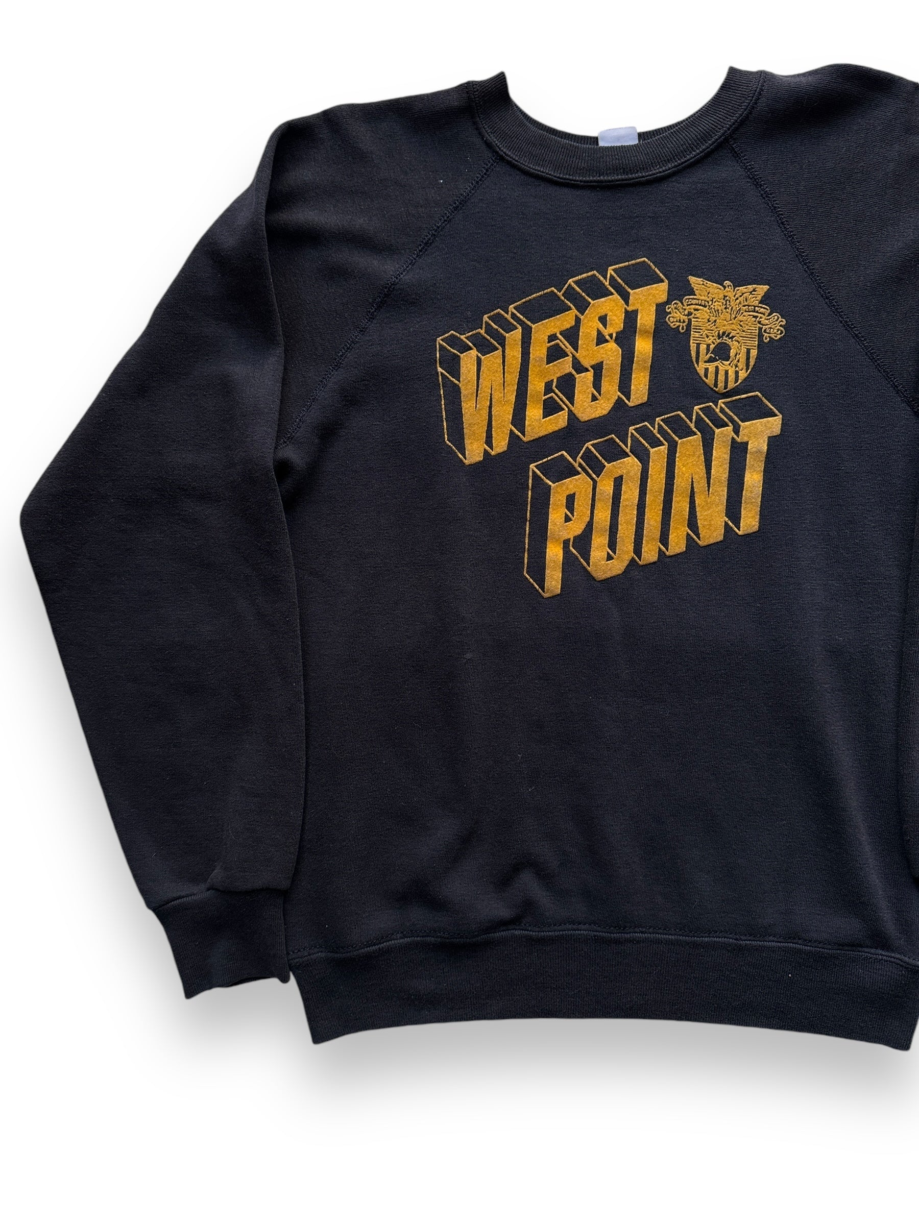 Front Right View of Vintage Black West Point Flocked Crewneck Sweatshirt SZ L