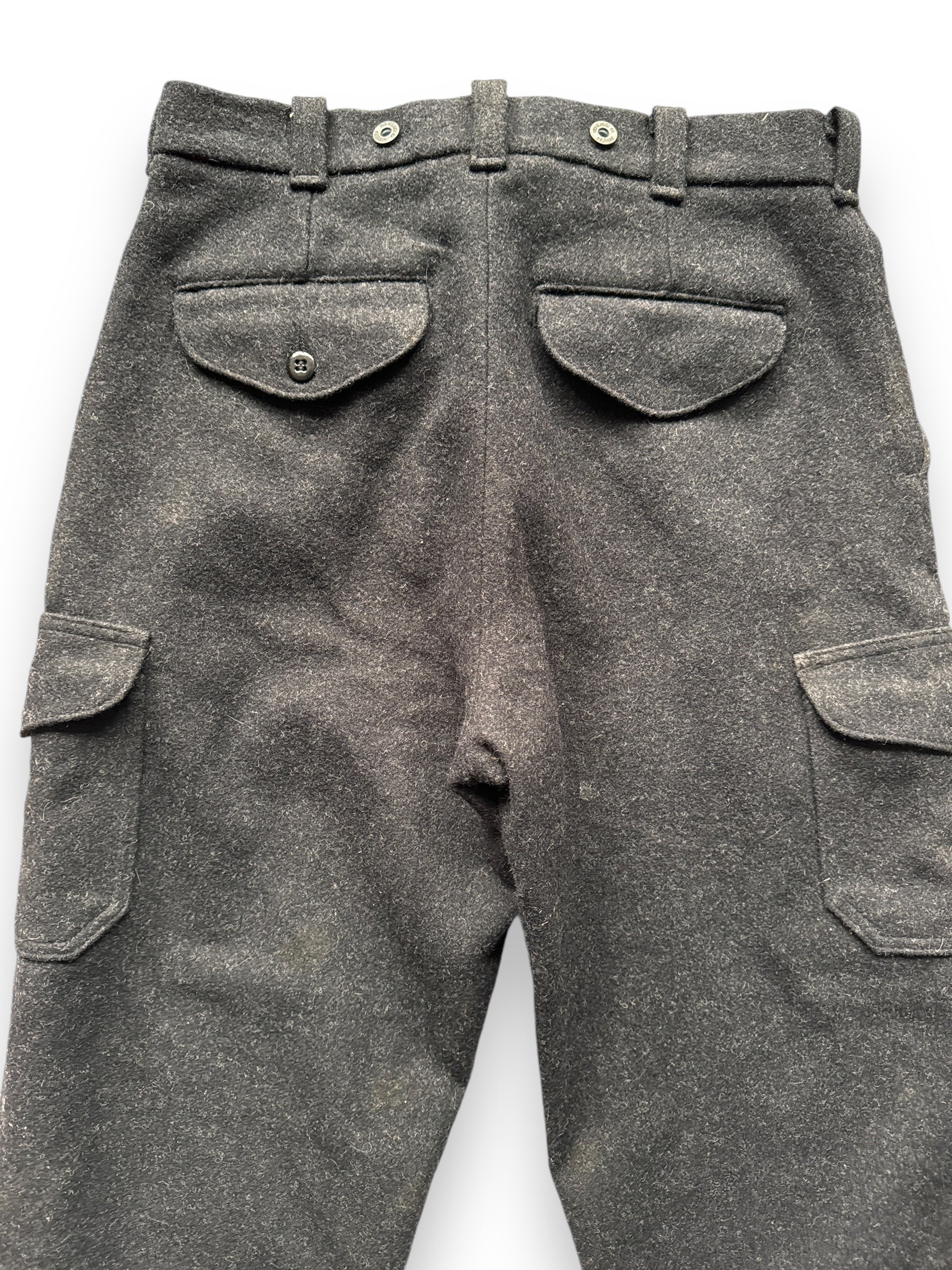 Rear Upper View on Vintage Charcoal Grey Filson Wool Trousers W34