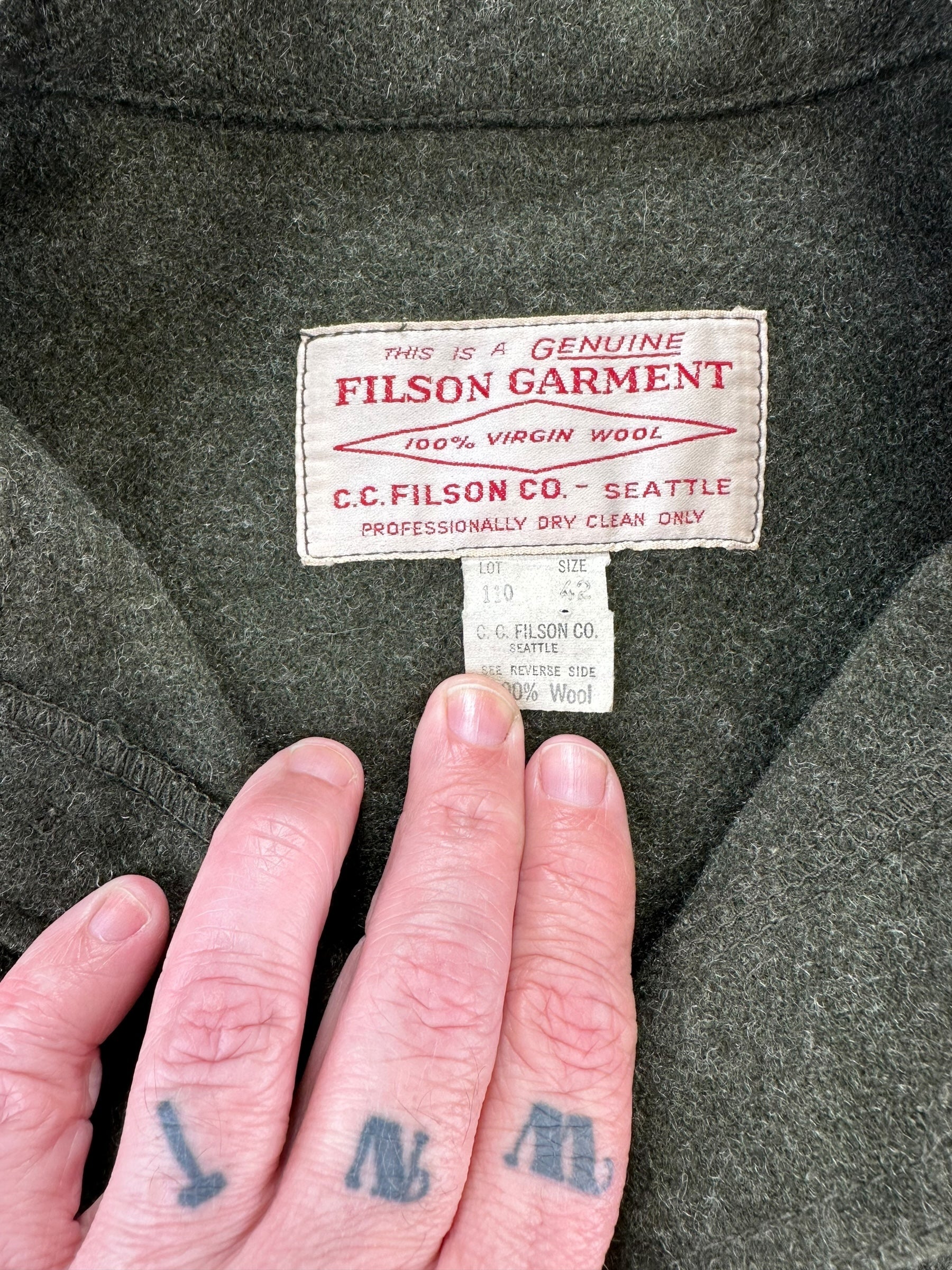 Tag View of Vintage Filson Forest Green Mackinaw Cruiser SZ 42