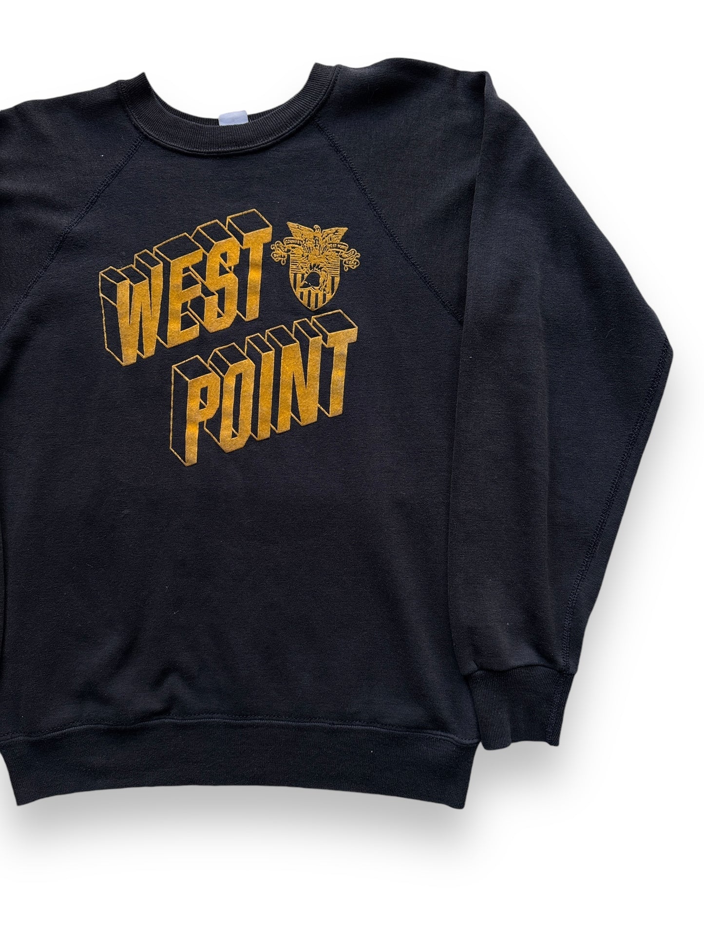 Front Left View of Vintage Black West Point Flocked Crewneck Sweatshirt SZ L