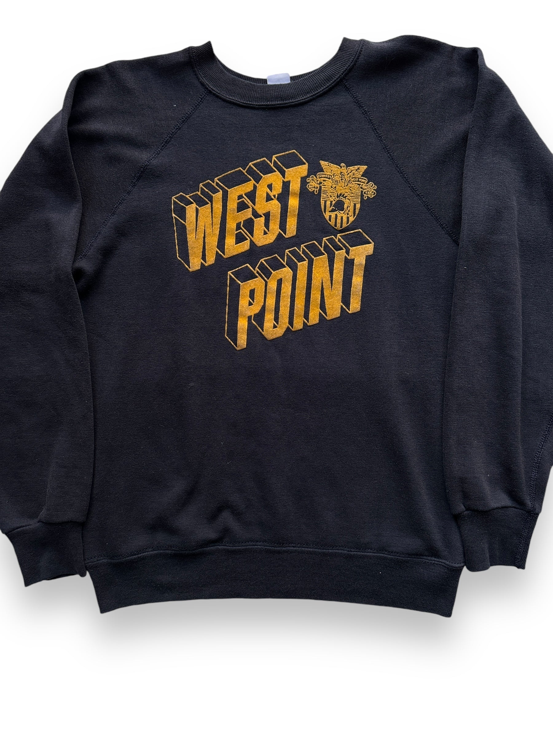 Front Detail on Vintage Black West Point Flocked Crewneck Sweatshirt SZ L