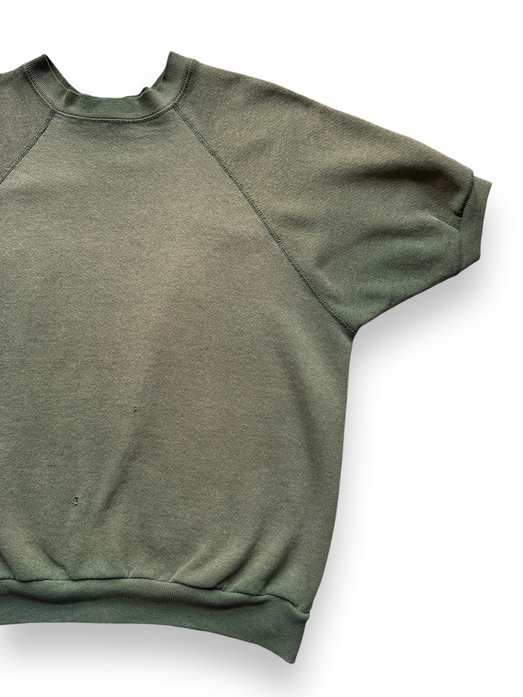 Front Left View of Vintage Faded Olive Green Short Sleeve Crewneck SZ L