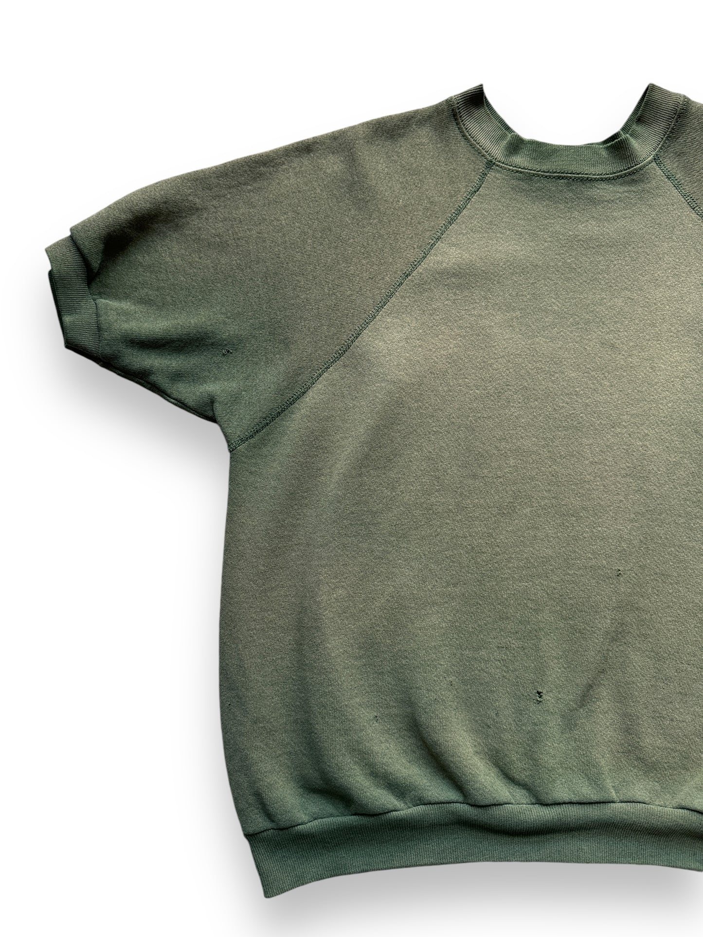 Front Right View of Vintage Faded Olive Green Short Sleeve Crewneck SZ L