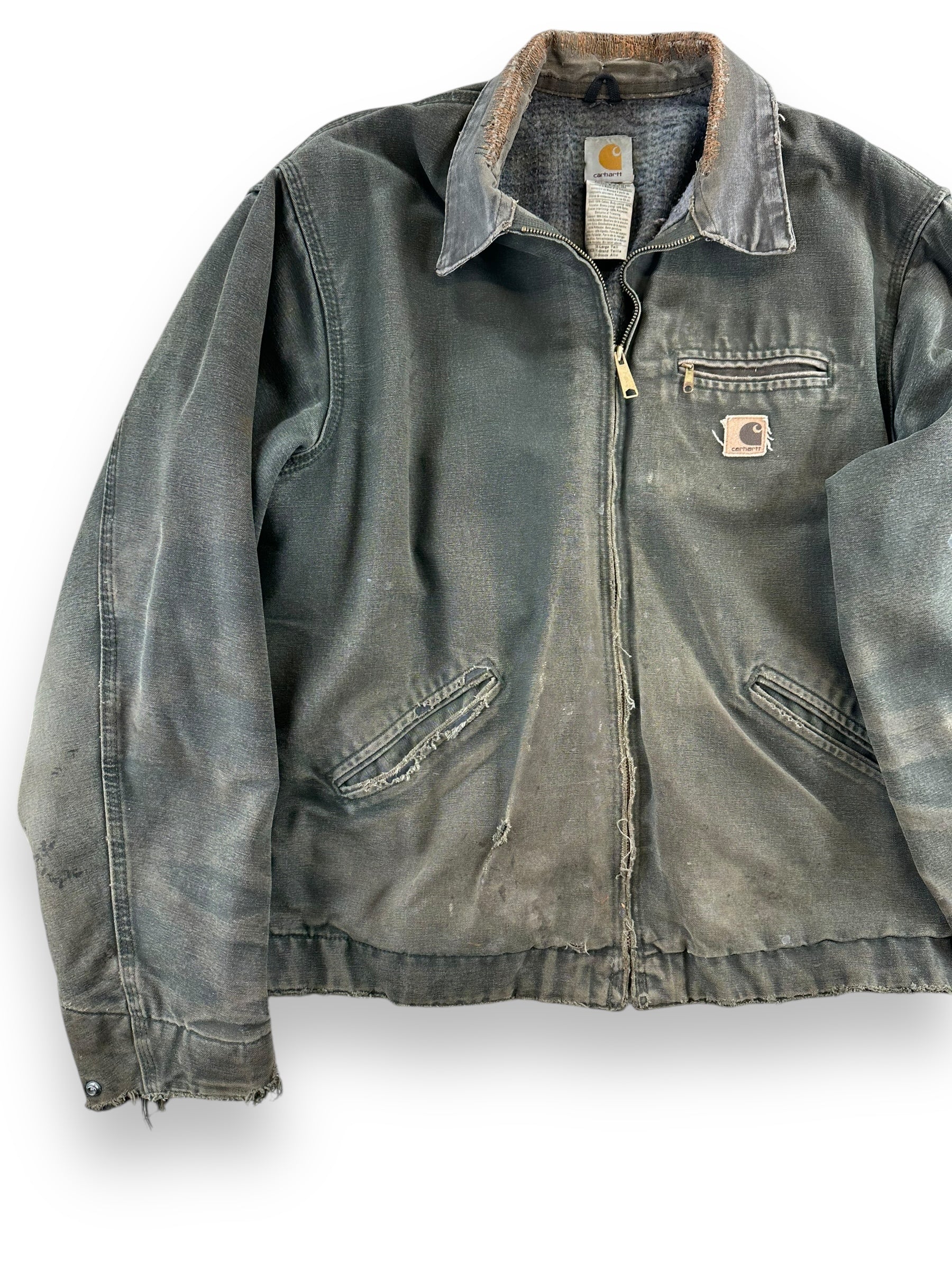 Front View of Distressed Repaired Carhartt Detroit Jacket J97 Moss SZ XL Tall