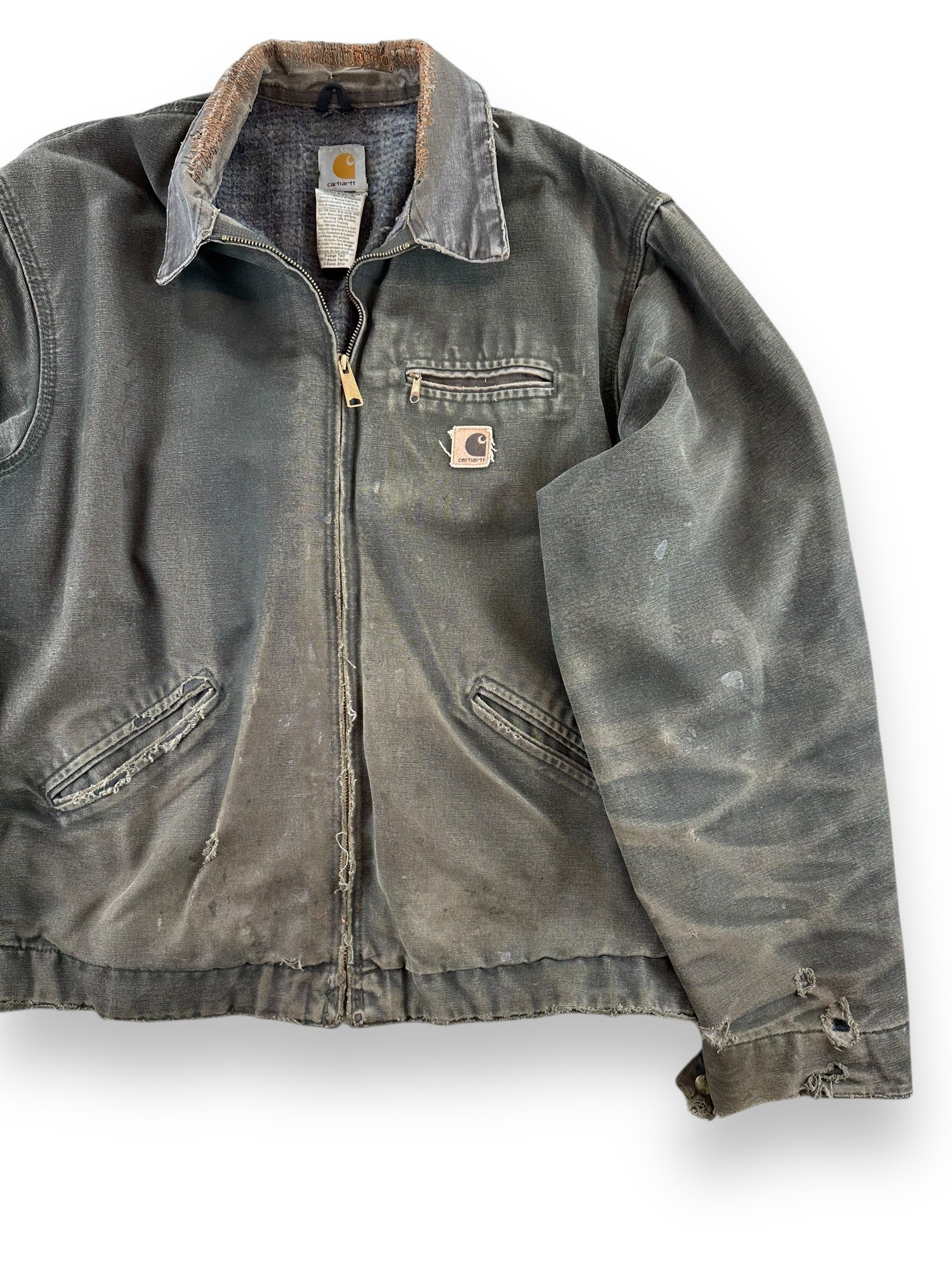 Front Left View of Distressed Repaired Carhartt Detroit Jacket J97 Moss SZ XL Tall