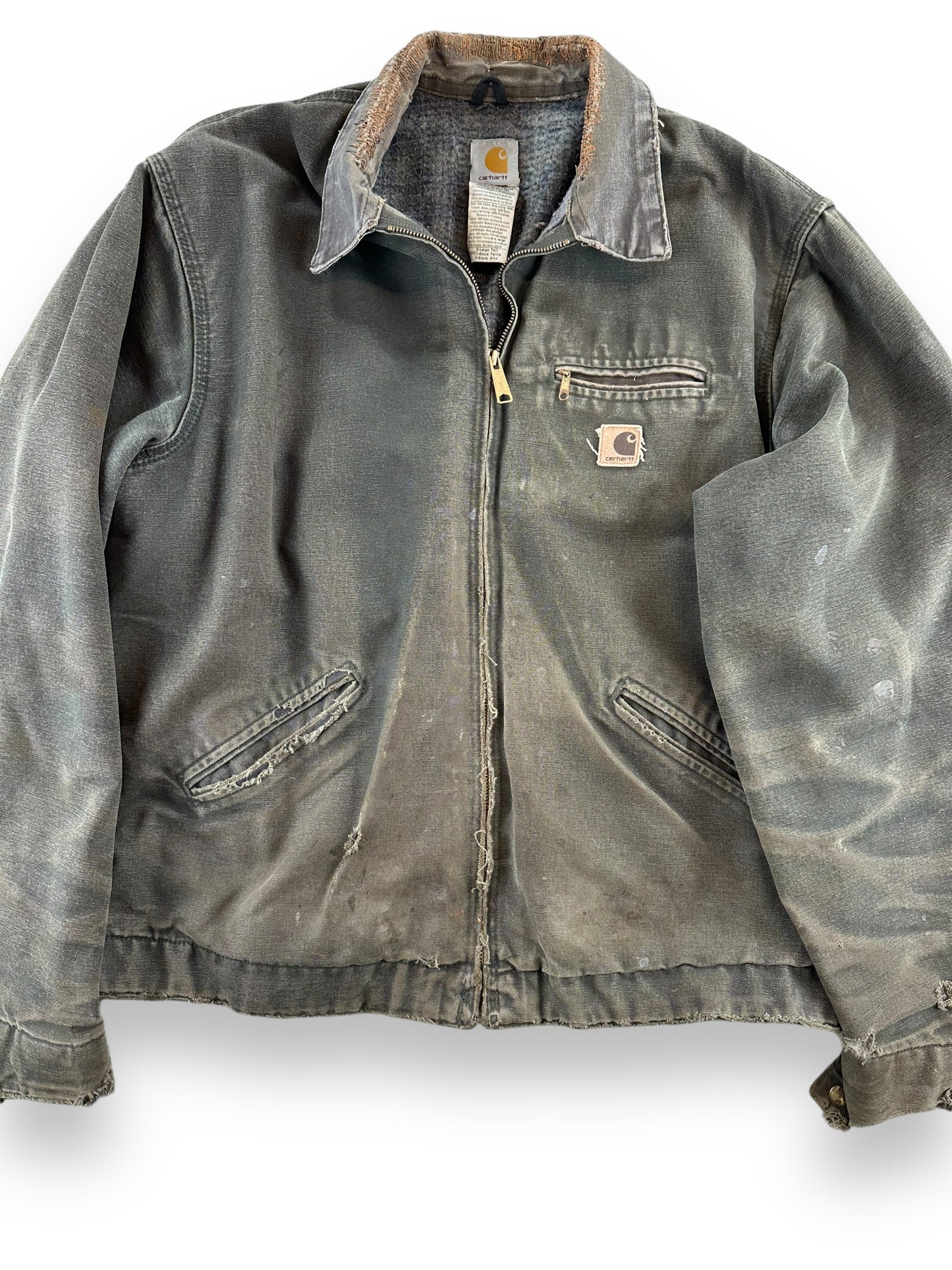 Front Detail on Distressed Repaired Carhartt Detroit Jacket J97 Moss SZ XL Tall