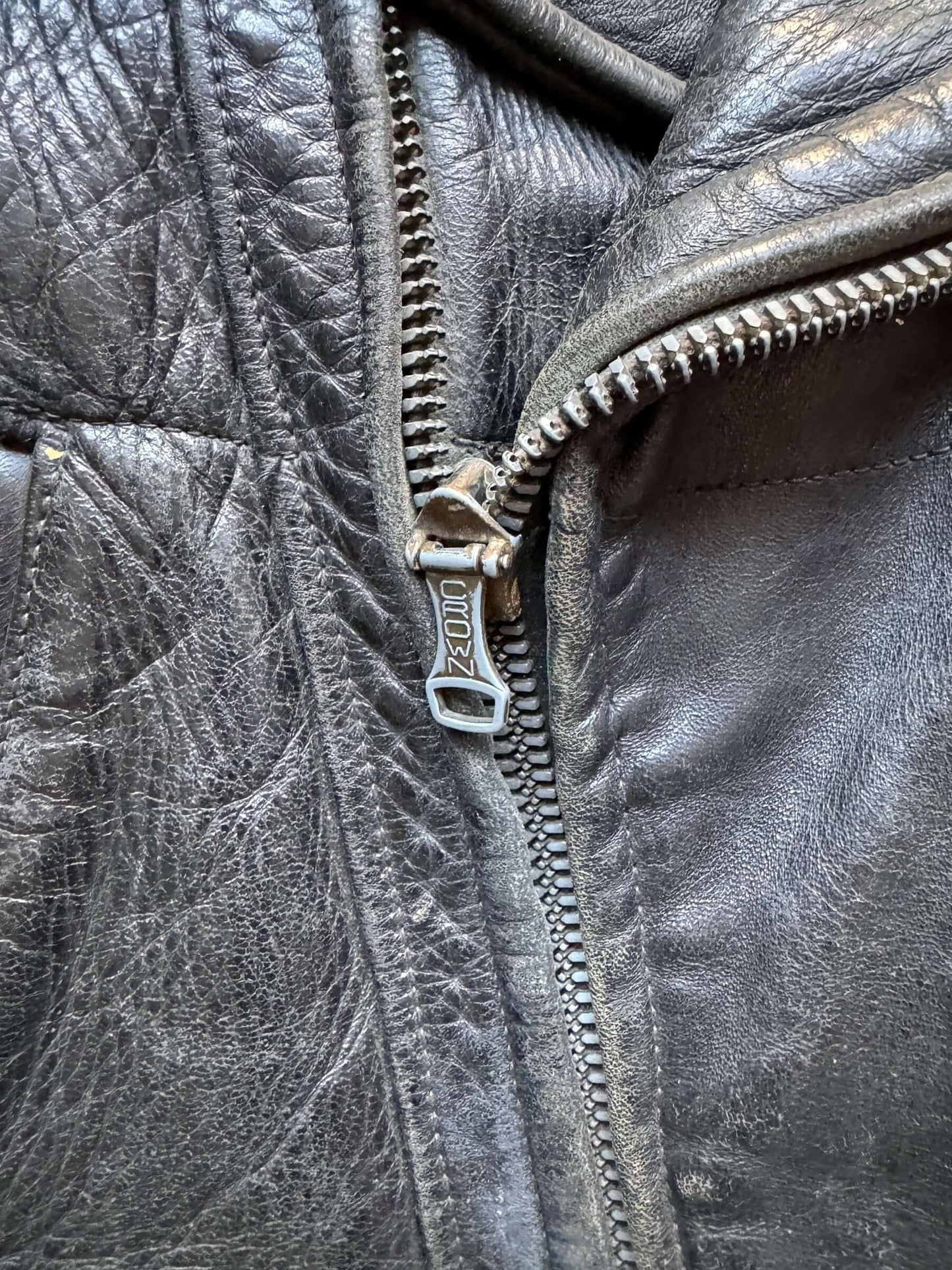 Crown Spring Loaded Zipper on Vintage Police Leather Jacket With Crown Spring Loaded Zipper SZ L