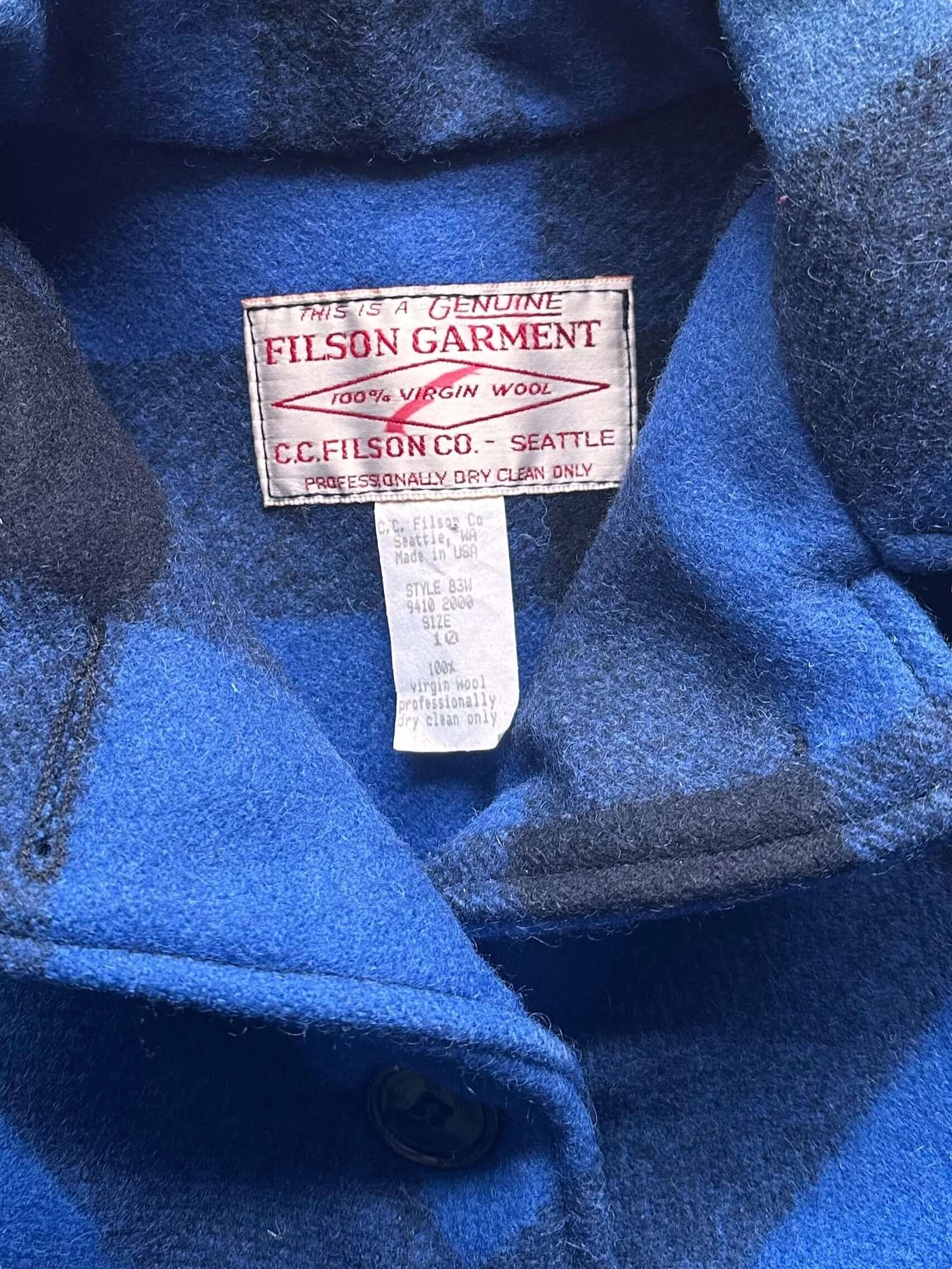 Tag View of Vintage Women's Filson Cobalt and Black Double Mackinaw Jacket SZ 10