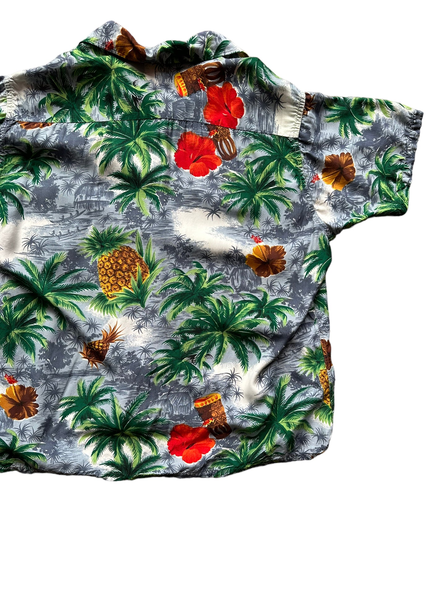 Back right shot of Vintage Made in Japan South Pacific Grey Pineapple Aloha Shirt SZ L | Seattle Vintage Rayon Hawaiian Shirt | Barn Owl Vintage Clothing Seattle