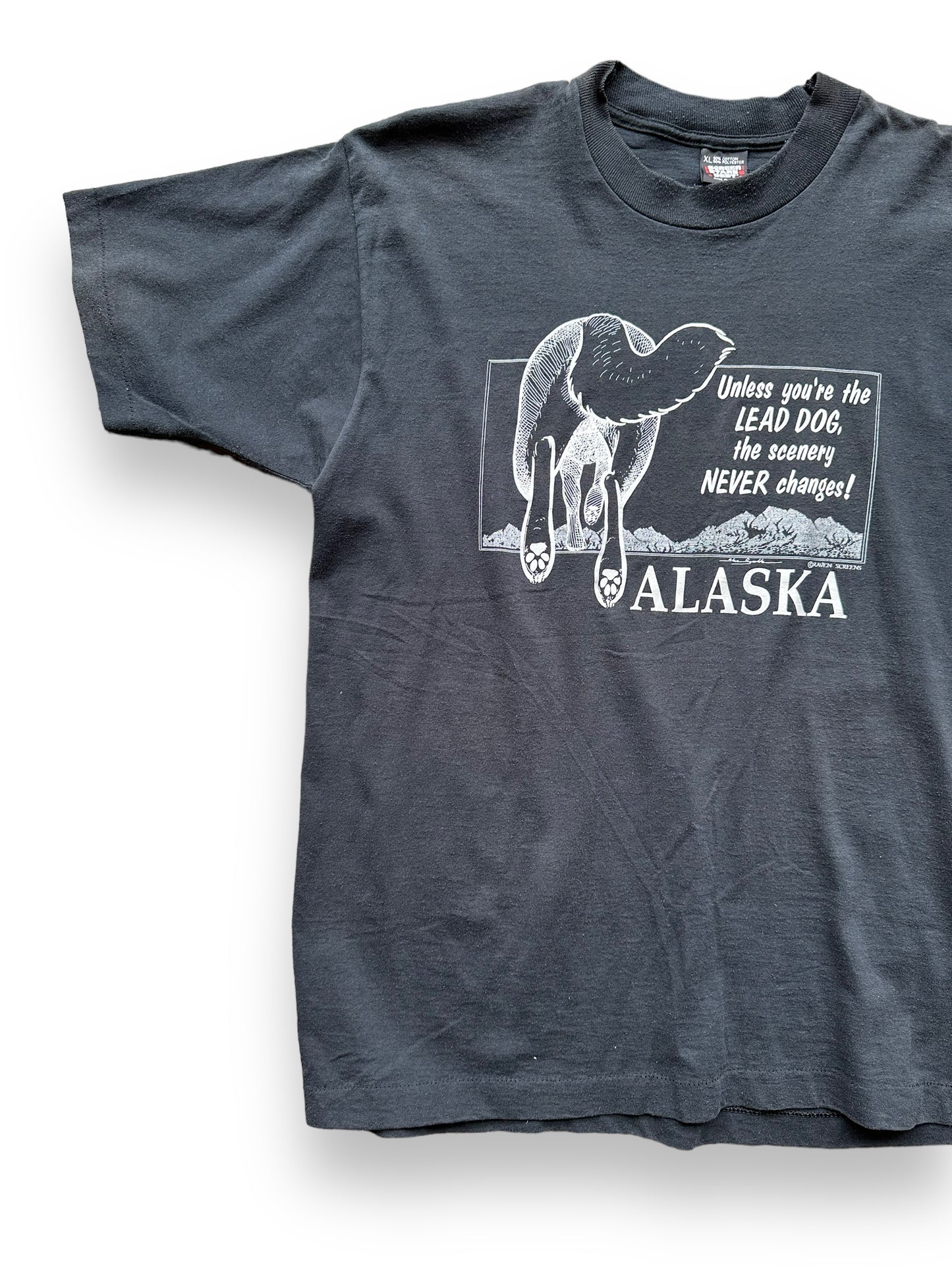 Front right of Vintage Unless You're the Lead Dog Alaska Tee SZ XL | Vintage Alaska T-Shirts Seattle | Barn Owl Vintage Tees Seattle