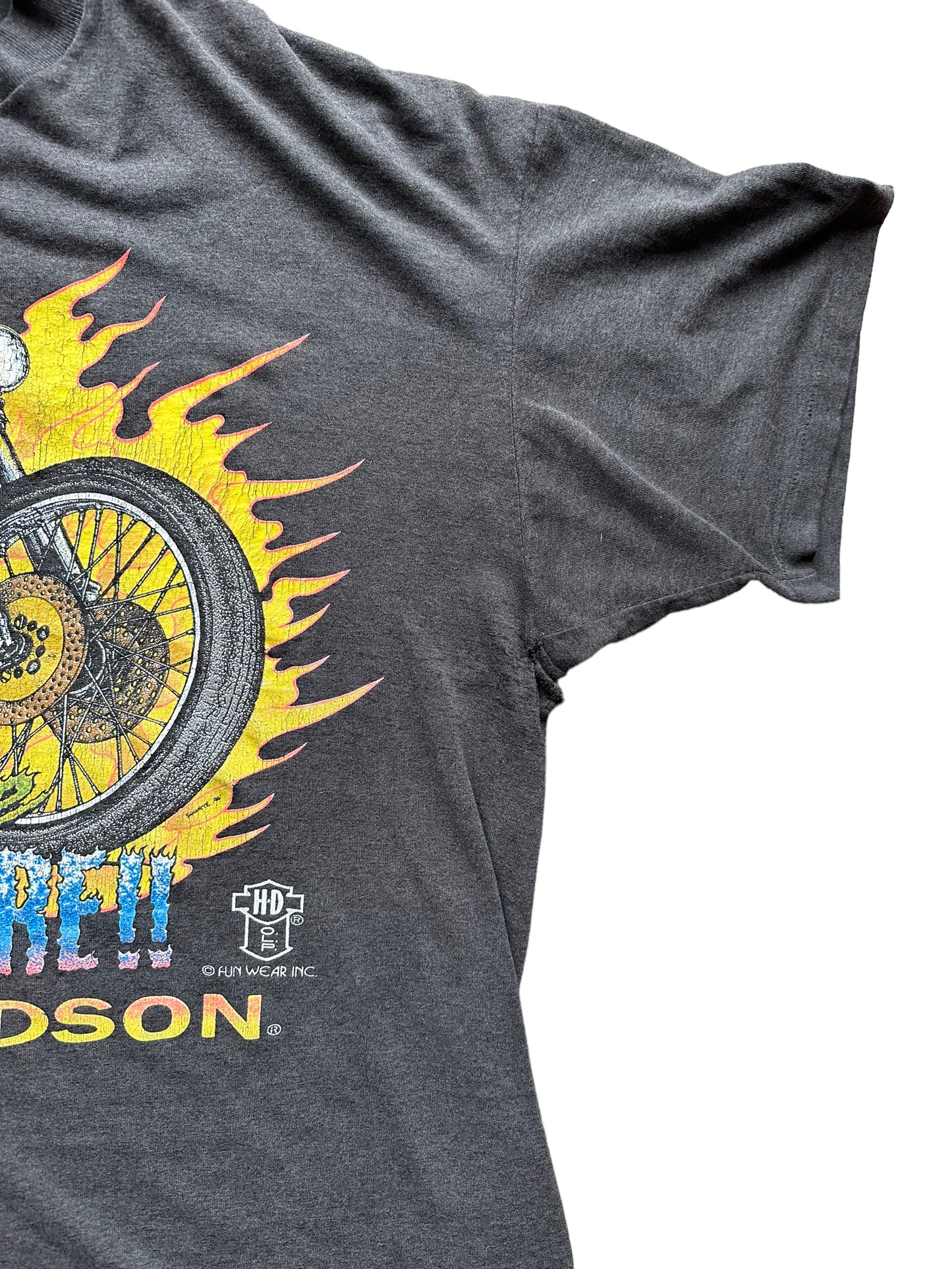 Left sleeve of Vintage 1990s "Jump into the Fire" 3D Emblem Harley Davidson Tee SZ XXL | Vintage Harley Tee | Barn Owl Vintage Seattle