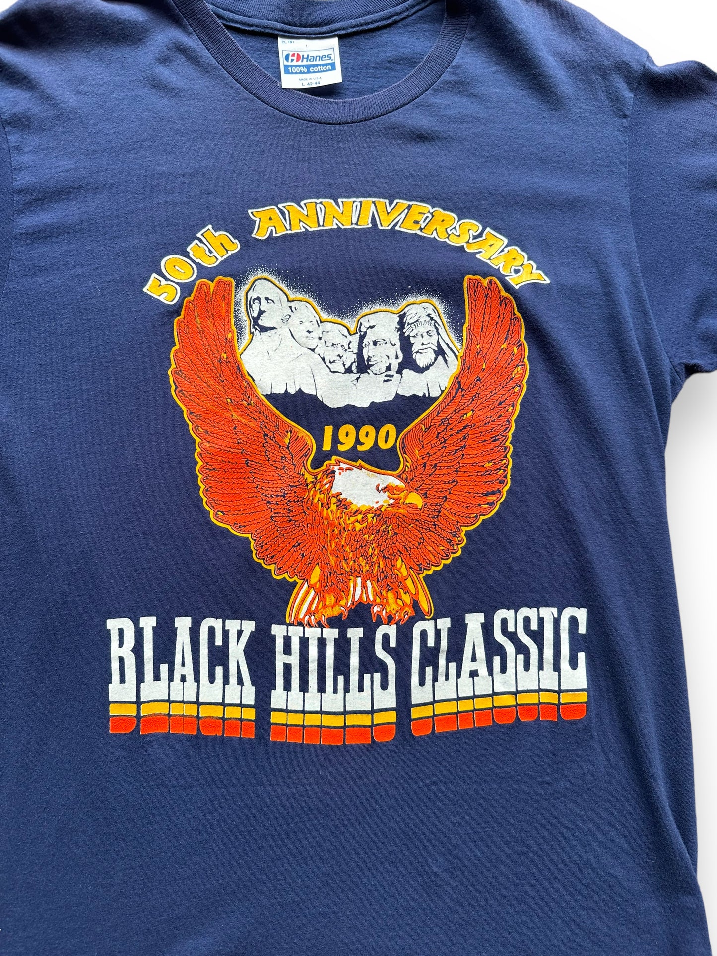 Front graphic of '90 Blue Sturgis 50th Anniversary Tee SZ L | Vintage Harley Tee | Barn Owl Vintage Seattle