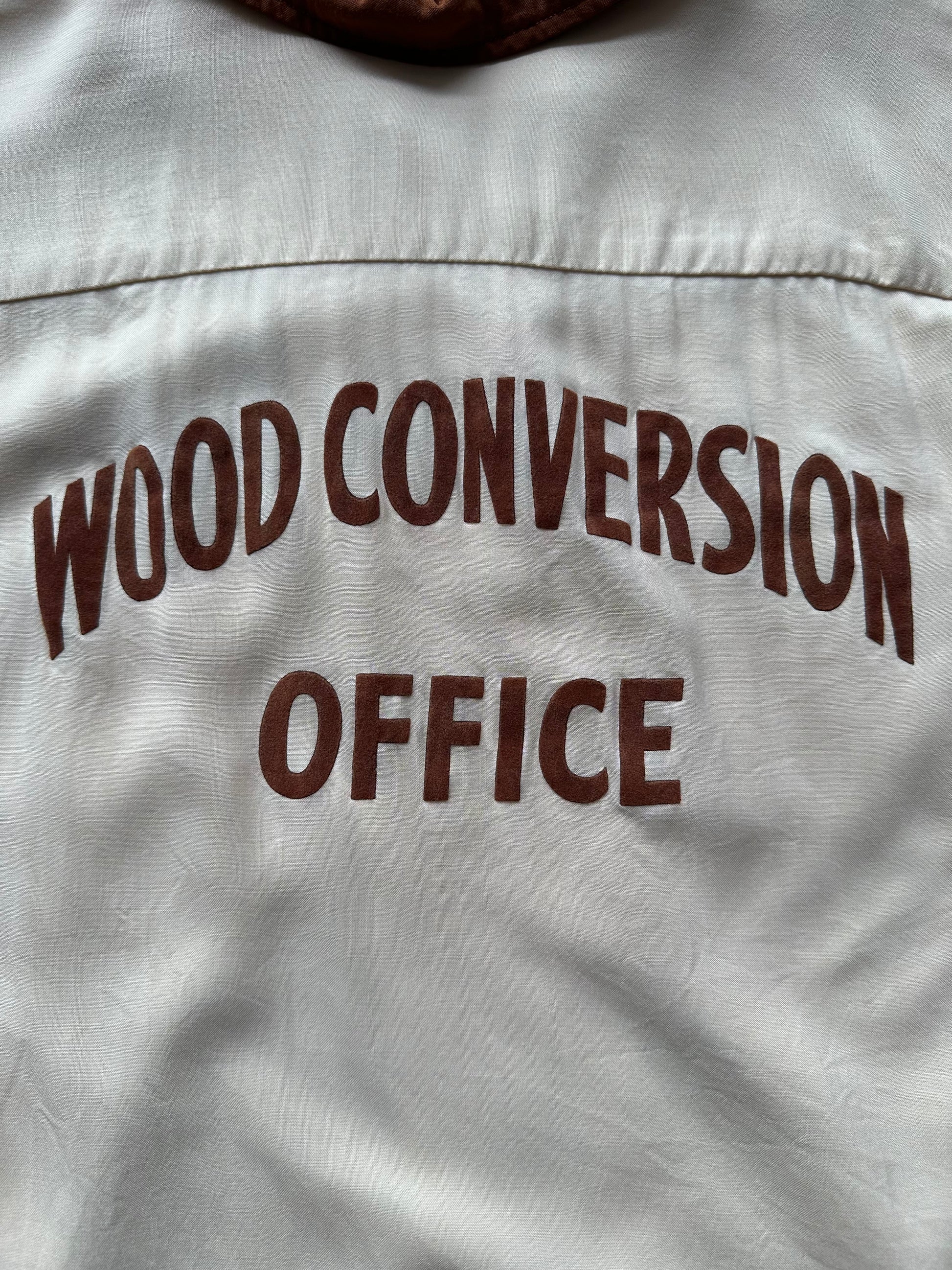 Back lettering on Vintage "Wood Conversion Office" Bowling Shirt SZ M | Vintage Bowling Shirt Seattle | Barn Owl Vintage Seattle
