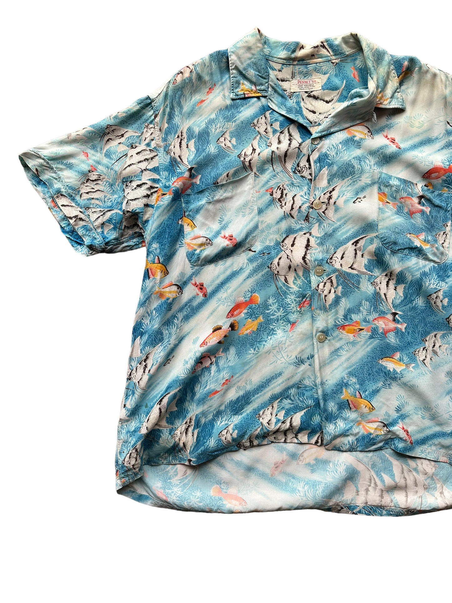 Front right shot of Vintage Penny's Blue Tropical Fish Aloha Shirt SZ XL | Seattle Vintage Rayon Hawaiian Shirt | Barn Owl Vintage Clothing Seattle