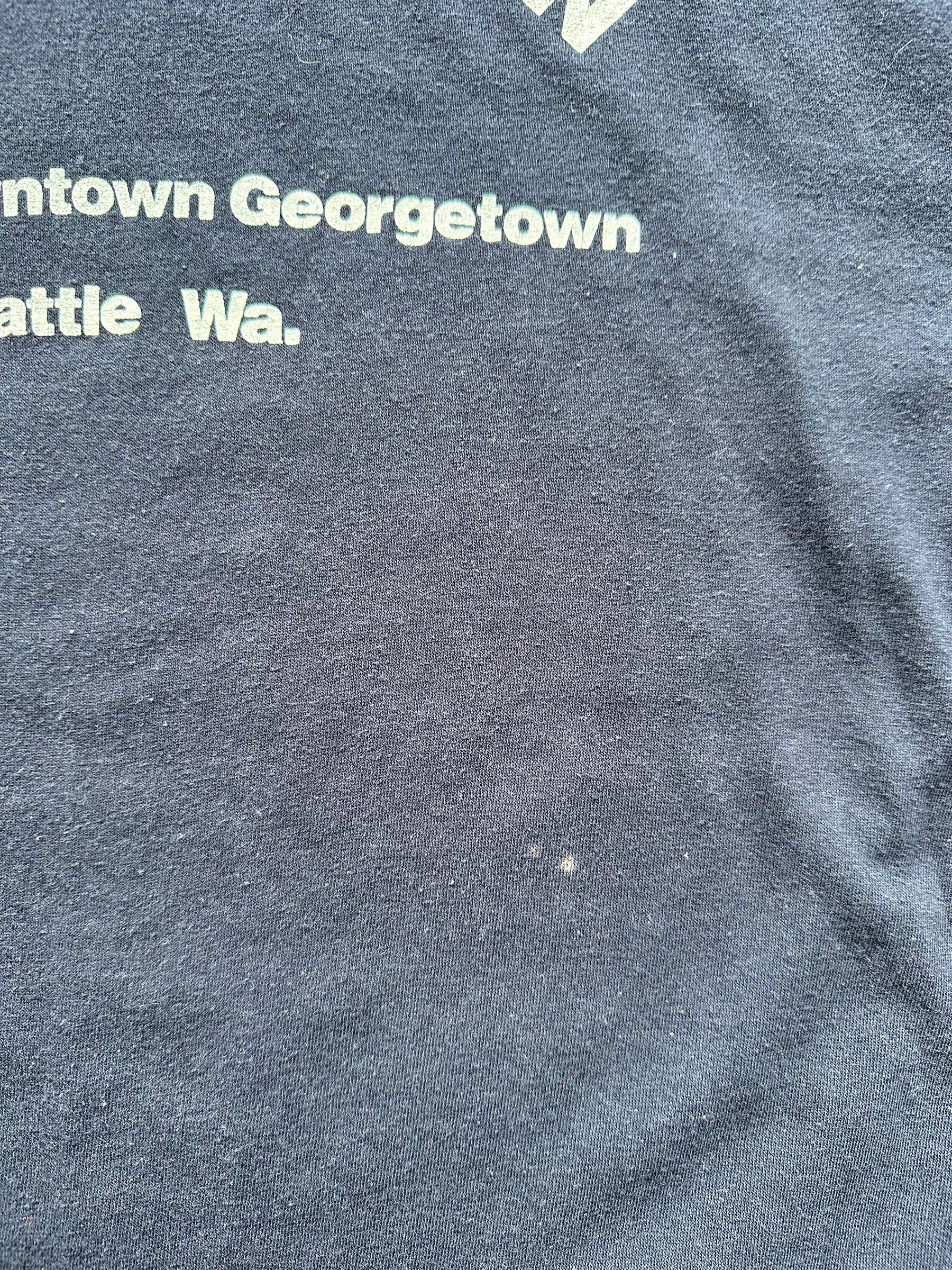 Small Blemish near Text on Vintage Happys Tavern Georgetown Tee SZ XL | Vintage Single Stitch T-Shirts Seattle | Barn Owl Vintage Tees Seattle