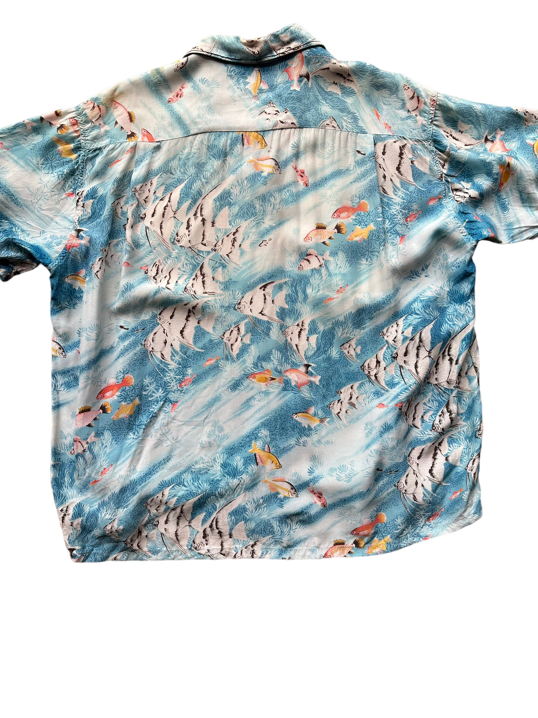 Back close up of Vintage Penny's Blue Tropical Fish Aloha Shirt SZ XL | Seattle Vintage Rayon Hawaiian Shirt | Barn Owl Vintage Clothing Seattle