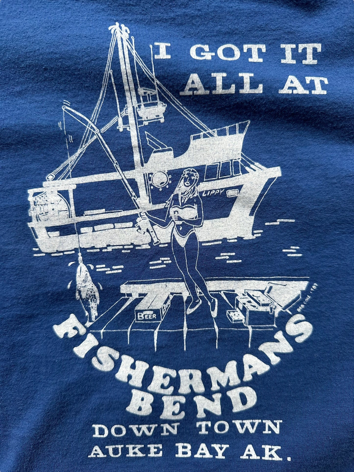Graphic detail of Vintage Fishermens Bend Alaska Tee SZ XL | Vintage Alaska T-Shirts Seattle | Barn Owl Vintage Tees Seattle