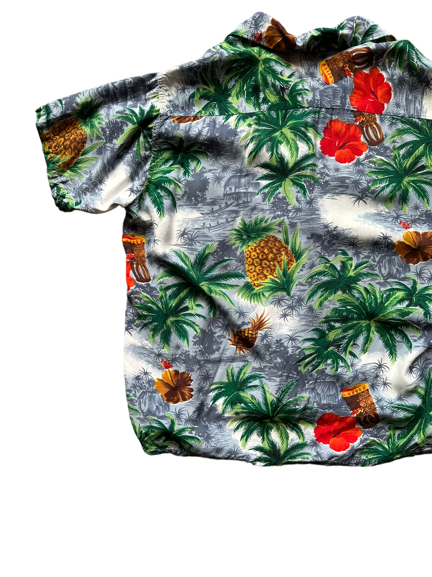 Back left shot of Vintage Made in Japan South Pacific Grey Pineapple Aloha Shirt SZ L | Seattle Vintage Rayon Hawaiian Shirt | Barn Owl Vintage Clothing Seattle