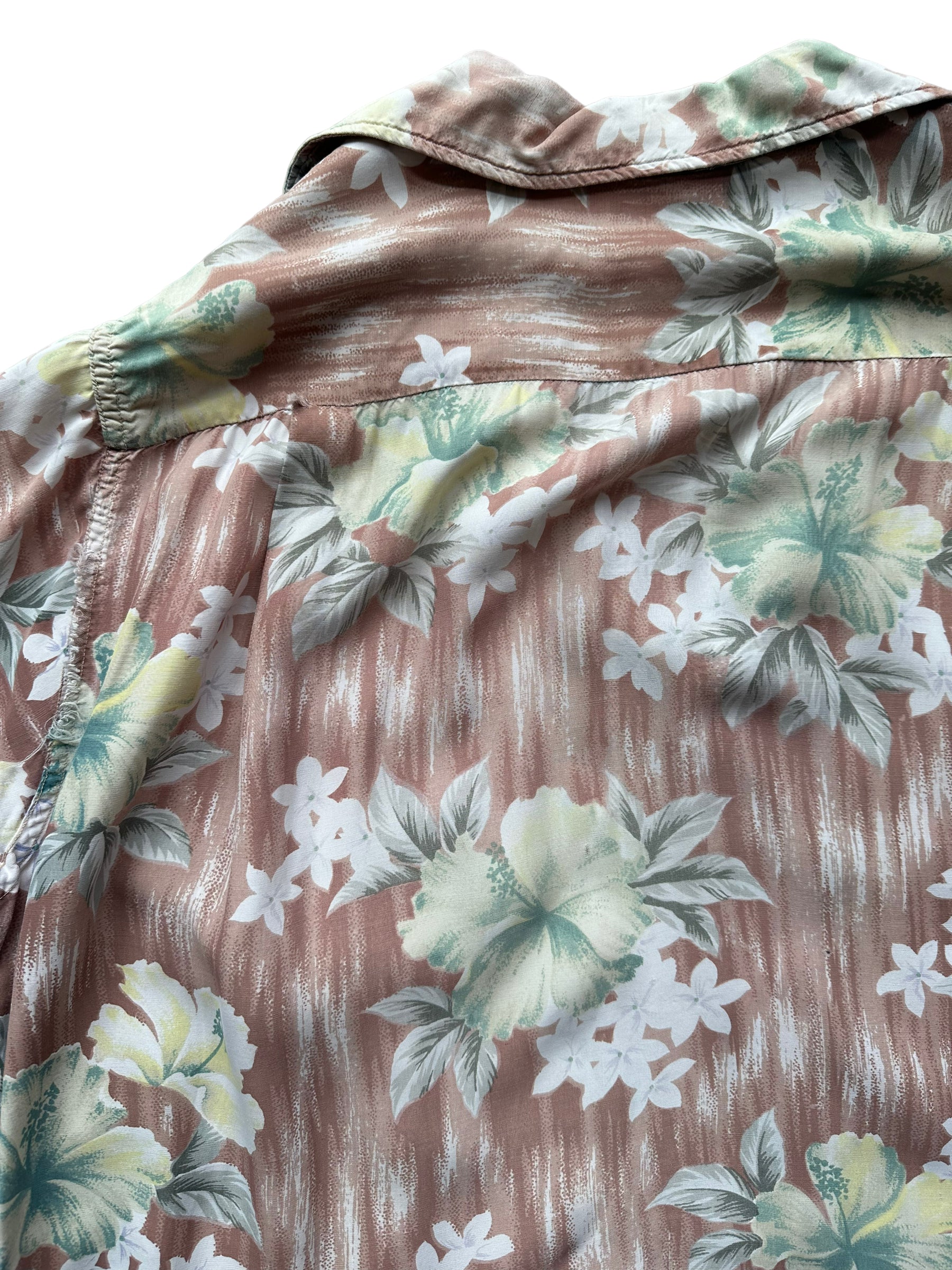 Back shoulder shot of Vintage Made in Japan Penney's Brown/Green Floral Aloha Shirt SZ M | Seattle Vintage Rayon Hawaiian Shirt | Barn Owl Vintage Clothing Seattle