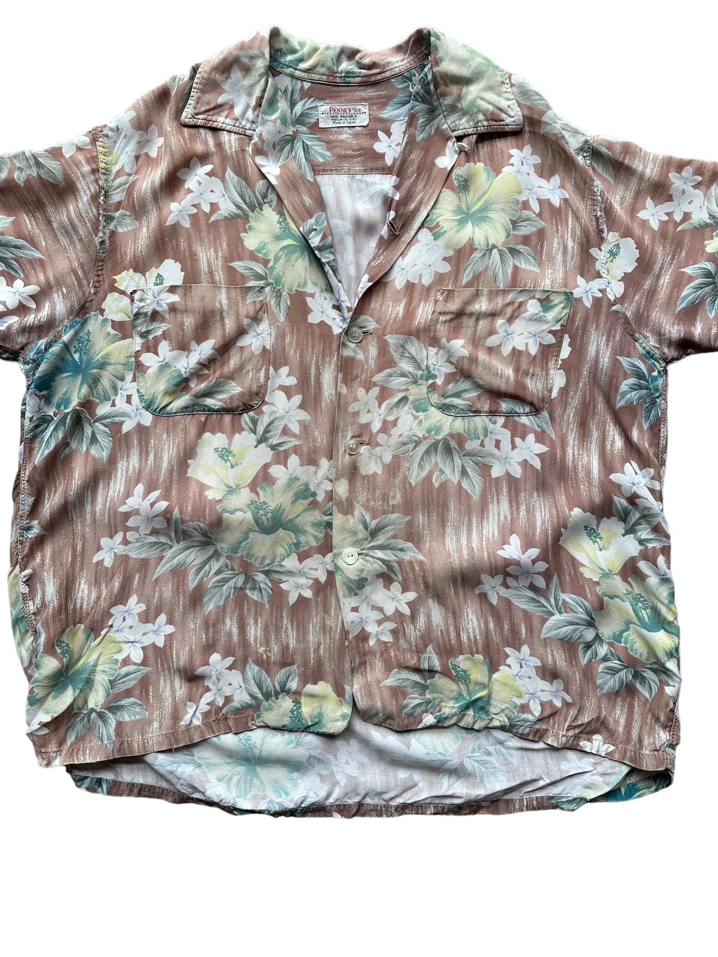 Front close up of Vintage Made in Japan Penney's Brown/Green Floral Aloha Shirt SZ M | Seattle Vintage Rayon Hawaiian Shirt | Barn Owl Vintage Clothing Seattle