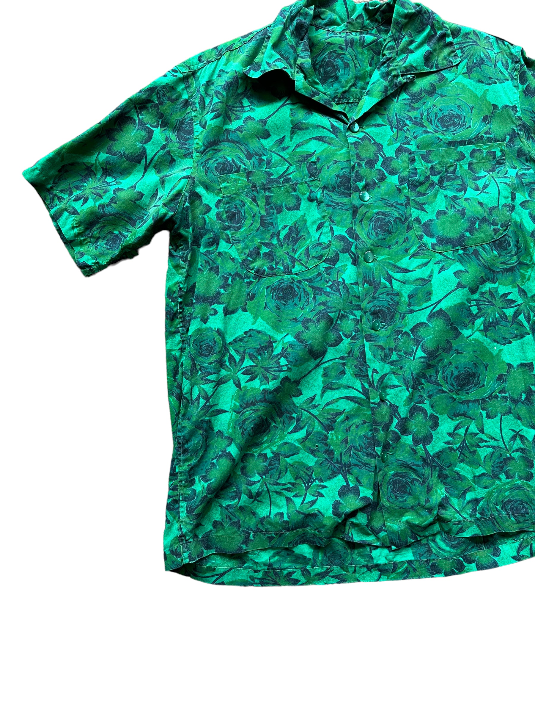 Front right shot of Vintage Green Aloha Shirt SZ XL | Seattle Vintage Rayon Hawaiian Shirt | Barn Owl Vintage Clothing Seattle