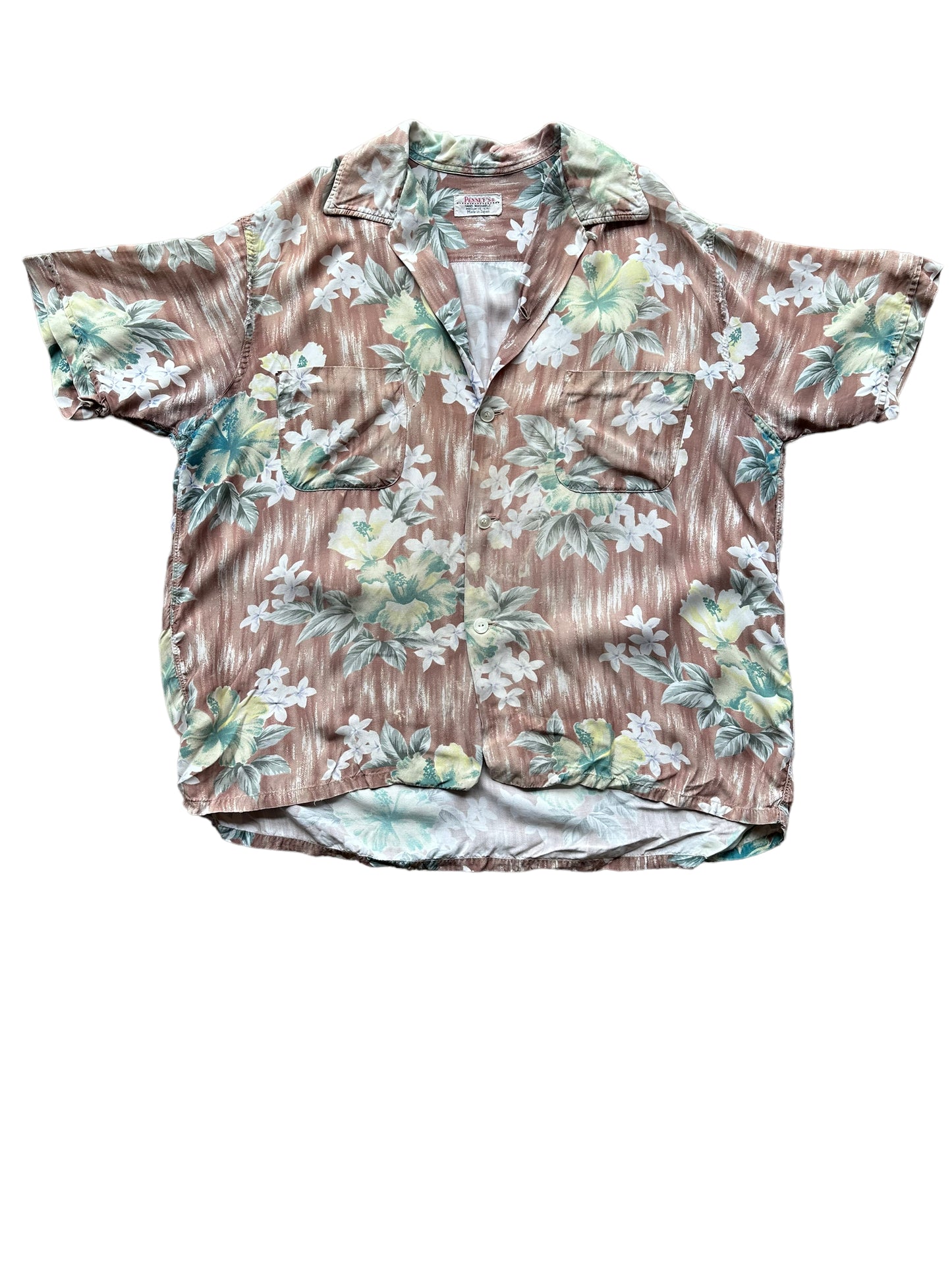 Front shot of Vintage Made in Japan Penney's Brown/Green Floral Aloha Shirt SZ M | Seattle Vintage Rayon Hawaiian Shirt | Barn Owl Vintage Clothing Seattle
