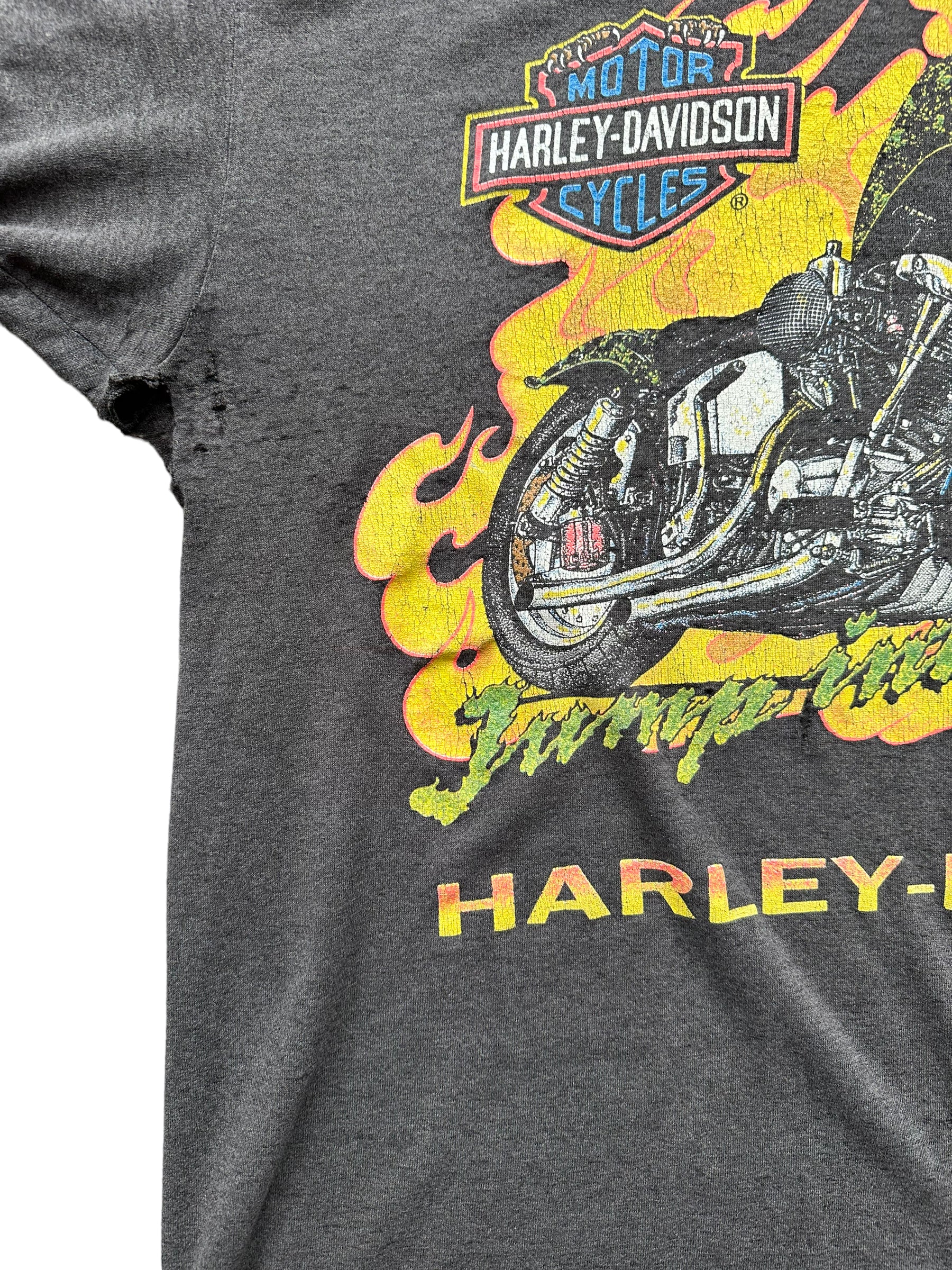 Right pit blow out of Vintage 1990s "Jump into the Fire" 3D Emblem Harley Davidson Tee SZ XXL | Vintage Harley Tee | Barn Owl Vintage Seattle