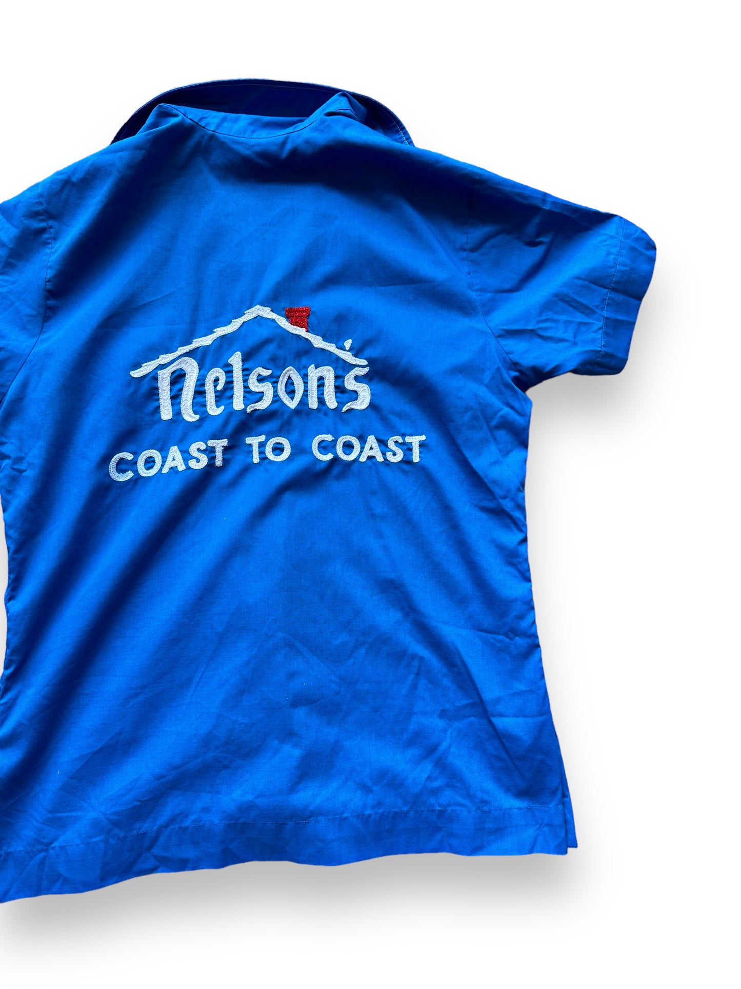 Back right of Vintage "Nelson's Coast to Coast" Chainstitched Bowling Shirt SZ S | Vintage Bowling Shirt Seattle | Barn Owl Vintage Seattle