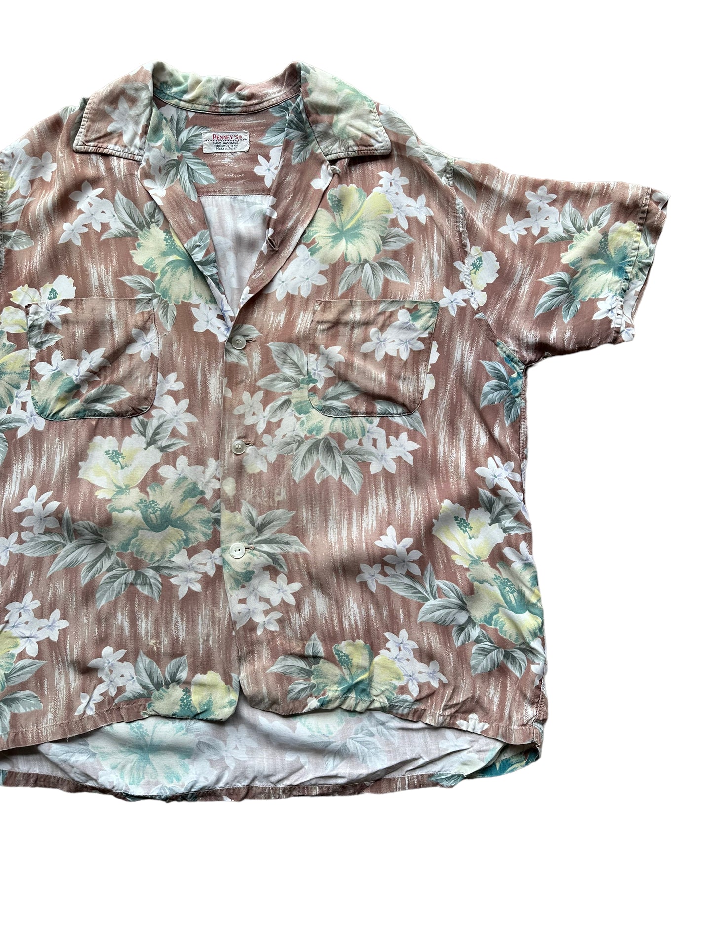 Front left shot of Vintage Made in Japan Penney's Brown/Green Floral Aloha Shirt SZ M | Seattle Vintage Rayon Hawaiian Shirt | Barn Owl Vintage Clothing Seattle