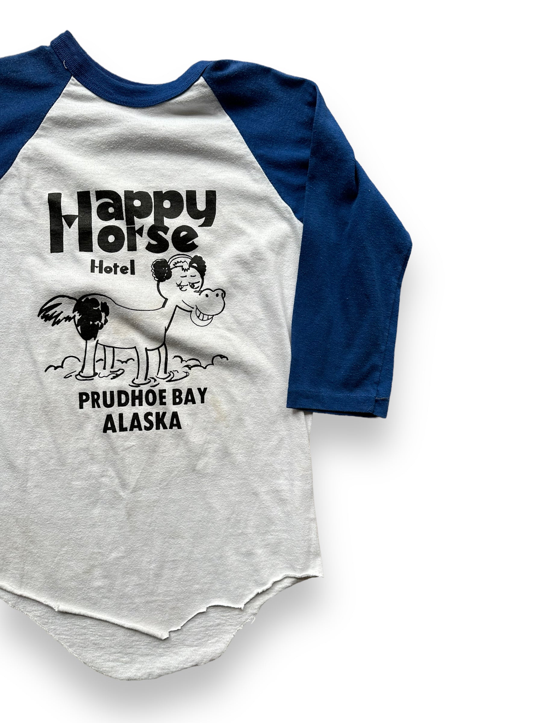Front left of Vintage Happy Horse Hotel Prudhoe Bay Alaska Raglan Tee SZ S | Vintage Alaska T-Shirts Seattle | Barn Owl Vintage Tees Seattle