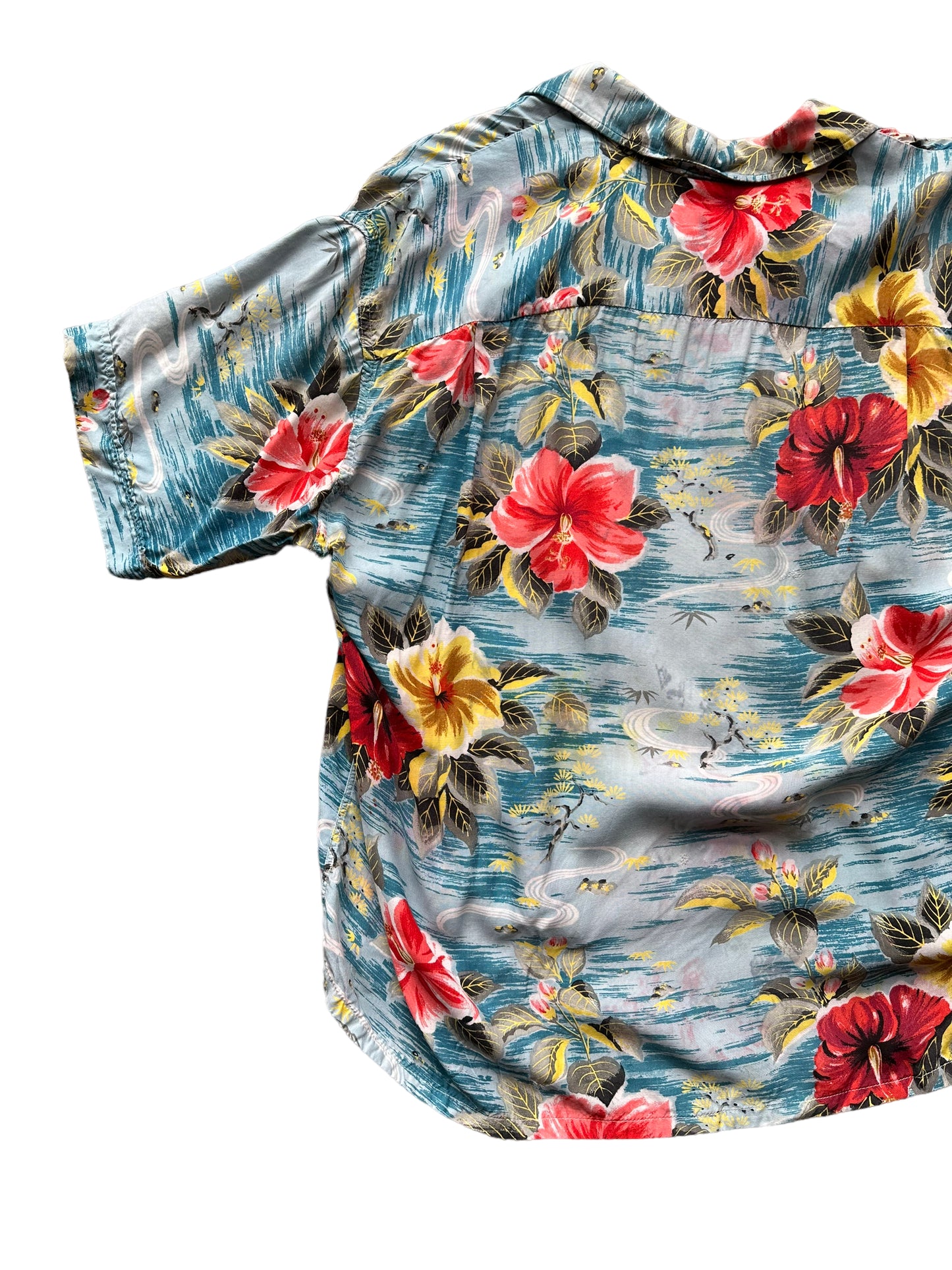 Back left of Vintage Made in Japan Penney's Blue/Pink/Yellow Floral Aloha Shirt SZ L | Seattle Vintage Rayon Hawaiian Shirt | Barn Owl Vintage Clothing Seattle