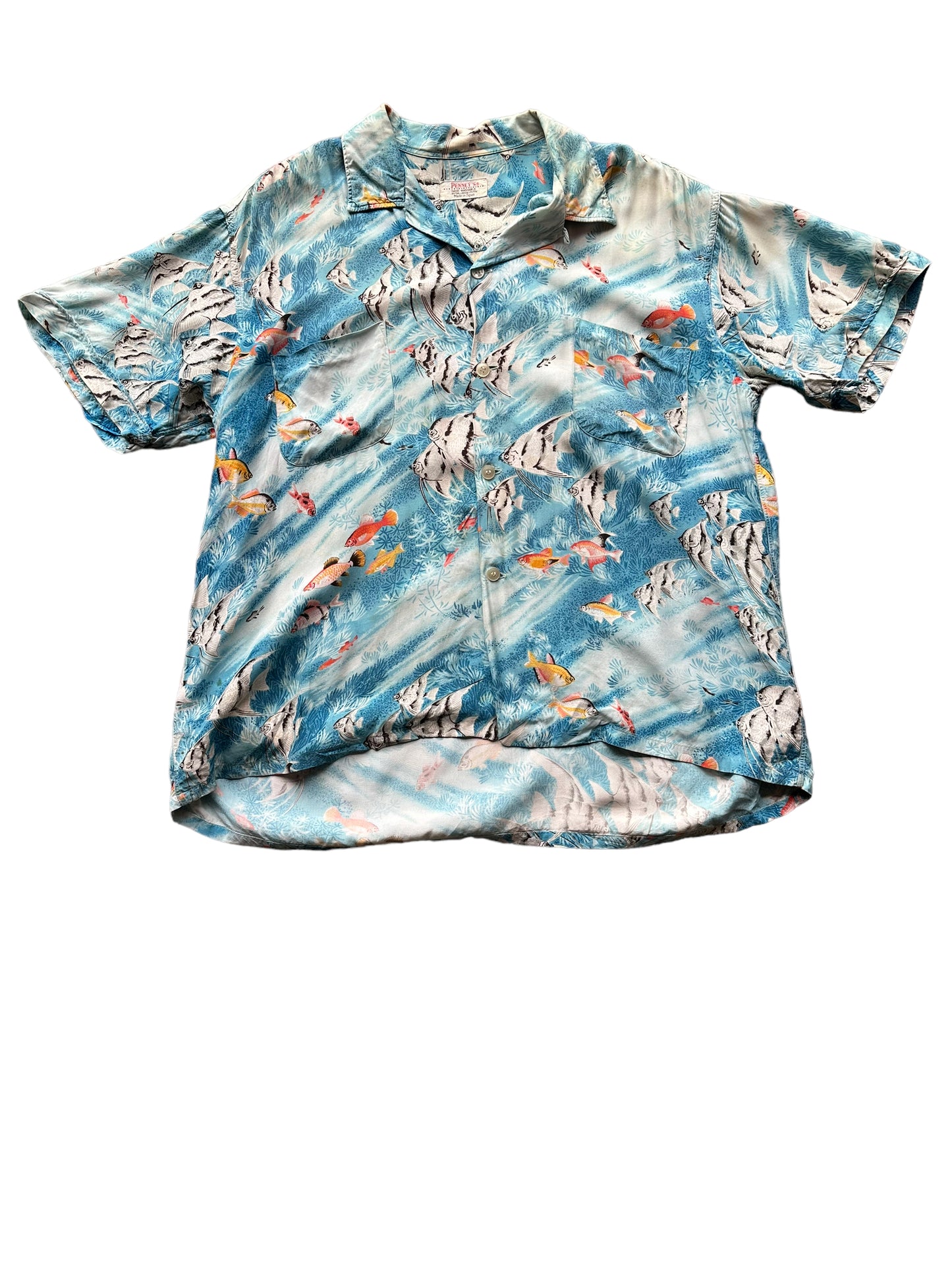 Front shot of Vintage Penny's Blue Tropical Fish Aloha Shirt SZ XL | Seattle Vintage Rayon Hawaiian Shirt | Barn Owl Vintage Clothing Seattle
