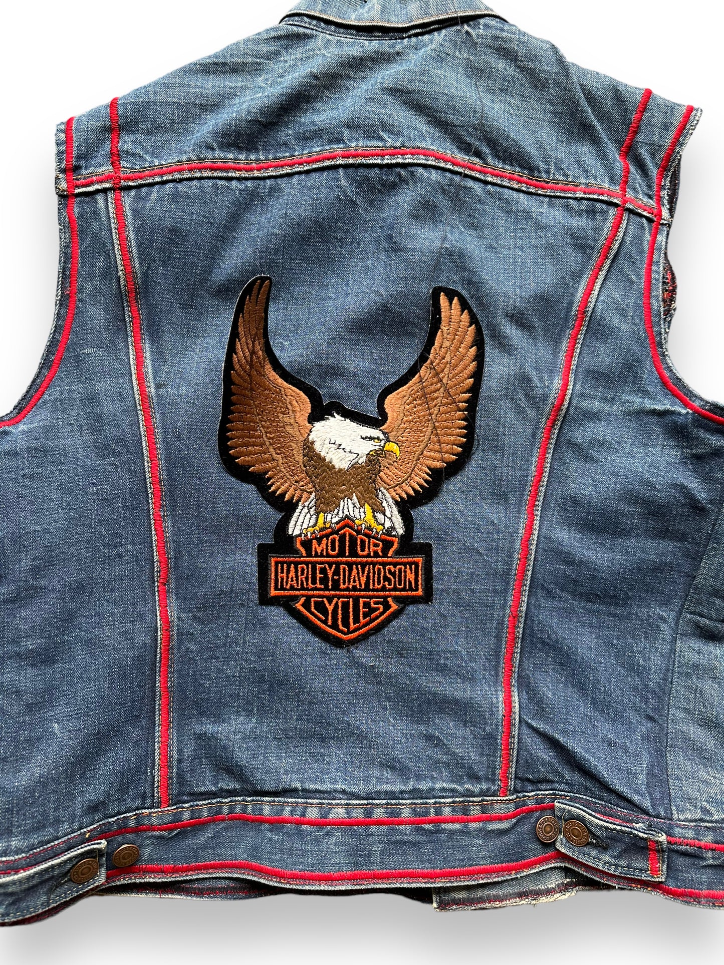 Back close up of Levi's Big E Type III Blanket Lined Chopped Biker Vest SZ 40 | Vintage Denim Workwear Seattle | Seattle Vintage Denim