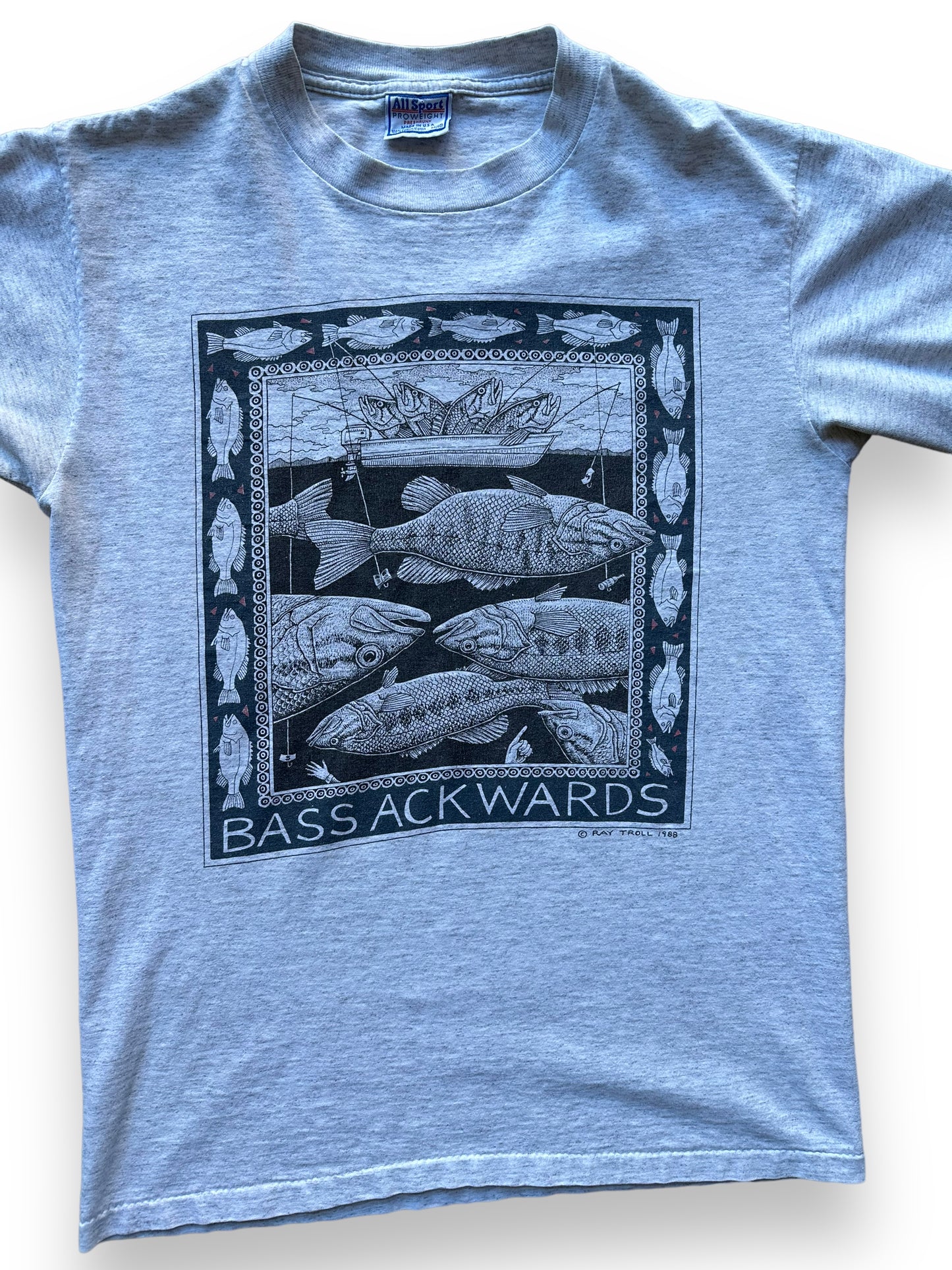 Front close up of Vintage Ray Troll Bass Ackwards Tee SZ M |  Vintage Fishing Tee Seattle | Barn Owl Vintage