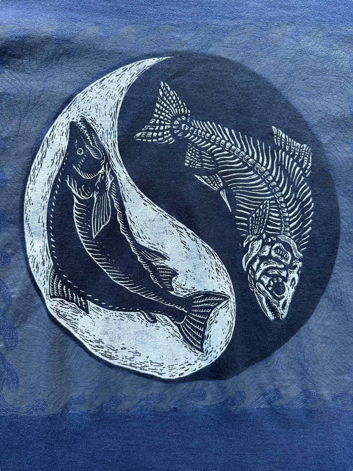 Front graphic of Vintage Ray Troll Life and Death Salmon Tee SZ M |  Vintage Fishing Tee Seattle | Barn Owl Vintage