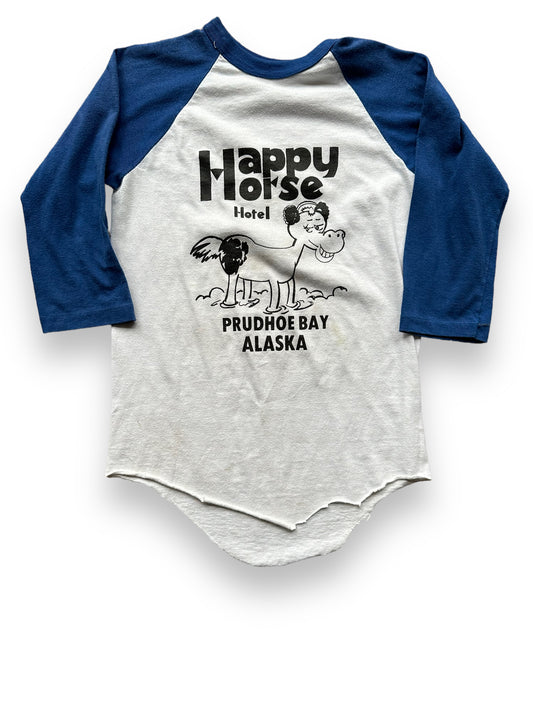 Front of Vintage Happy Horse Hotel Prudhoe Bay Alaska Raglan Tee SZ S | Vintage Alaska T-Shirts Seattle | Barn Owl Vintage Tees Seattle