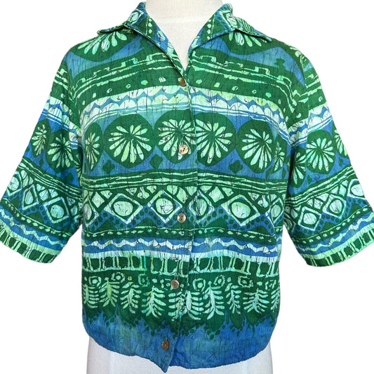 Full front view of Vintage 1950s Batik Style Shirt | Seattle Vintage Ladies Clothing | Barn Owl True Vintage